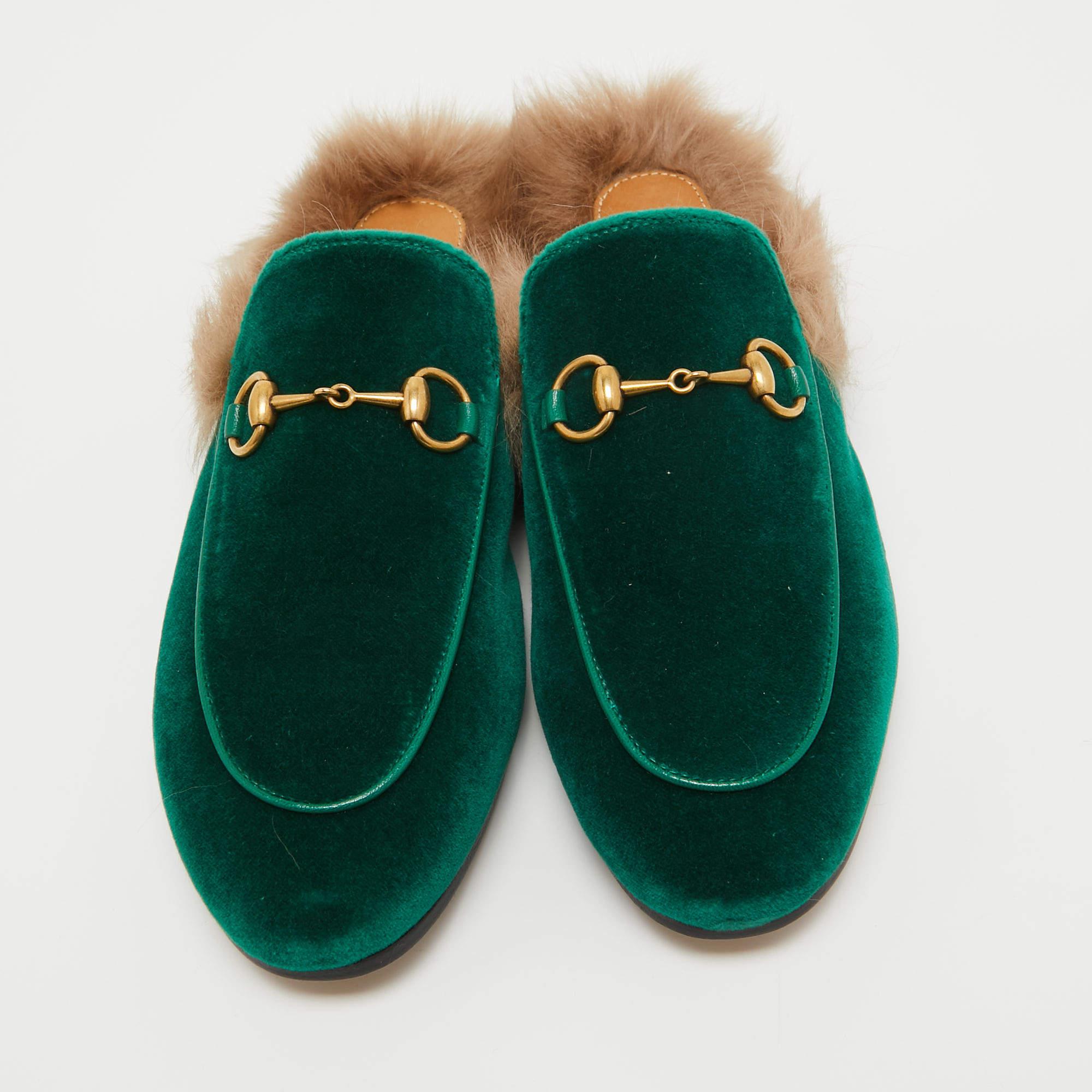 Women's Gucci Green Velvet and Fur Princetown Horsebit Flat Mules Size 36