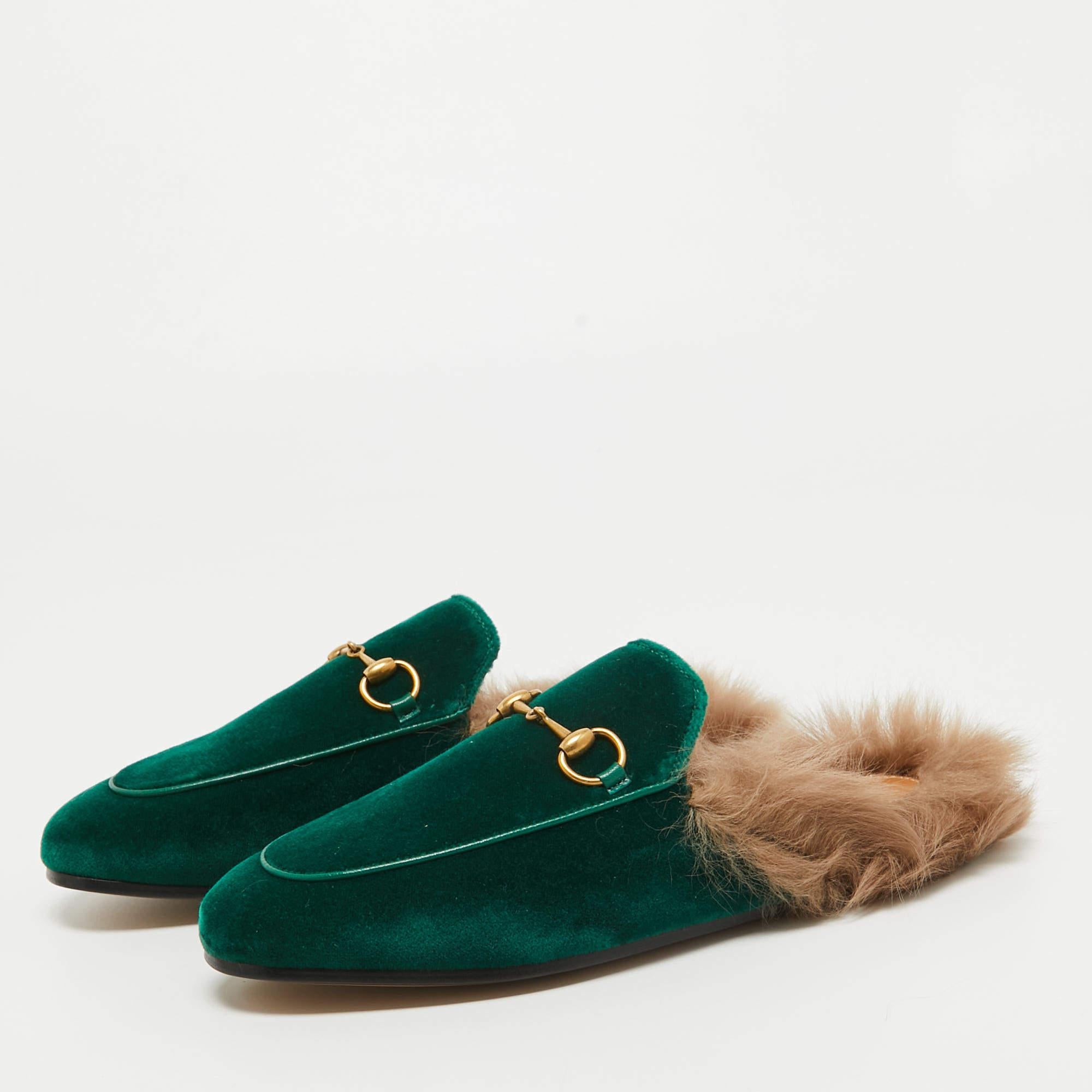 Gucci Green Velvet and Fur Princetown Horsebit Flat Mules Size 36 1