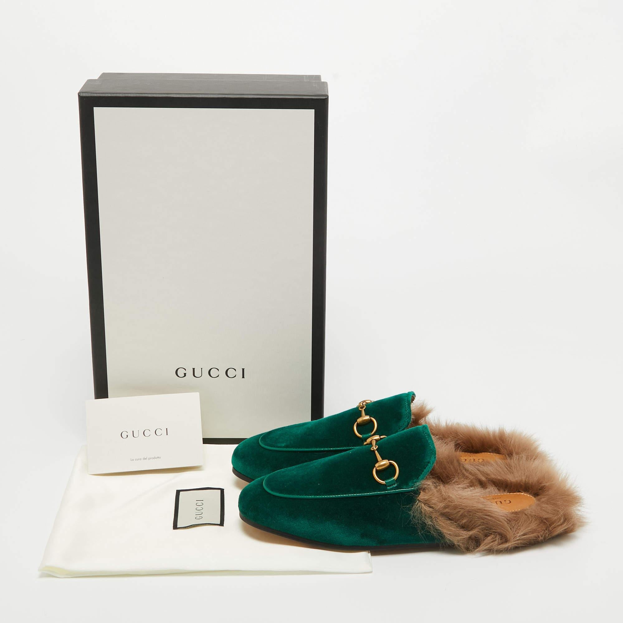 Gucci Green Velvet and Fur Princetown Horsebit Flat Mules Size 36 4