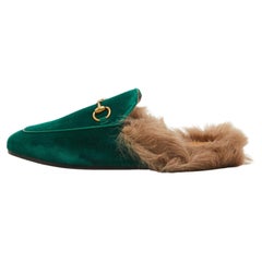 Used Gucci Green Velvet and Fur Princetown Horsebit Flat Mules Size 36