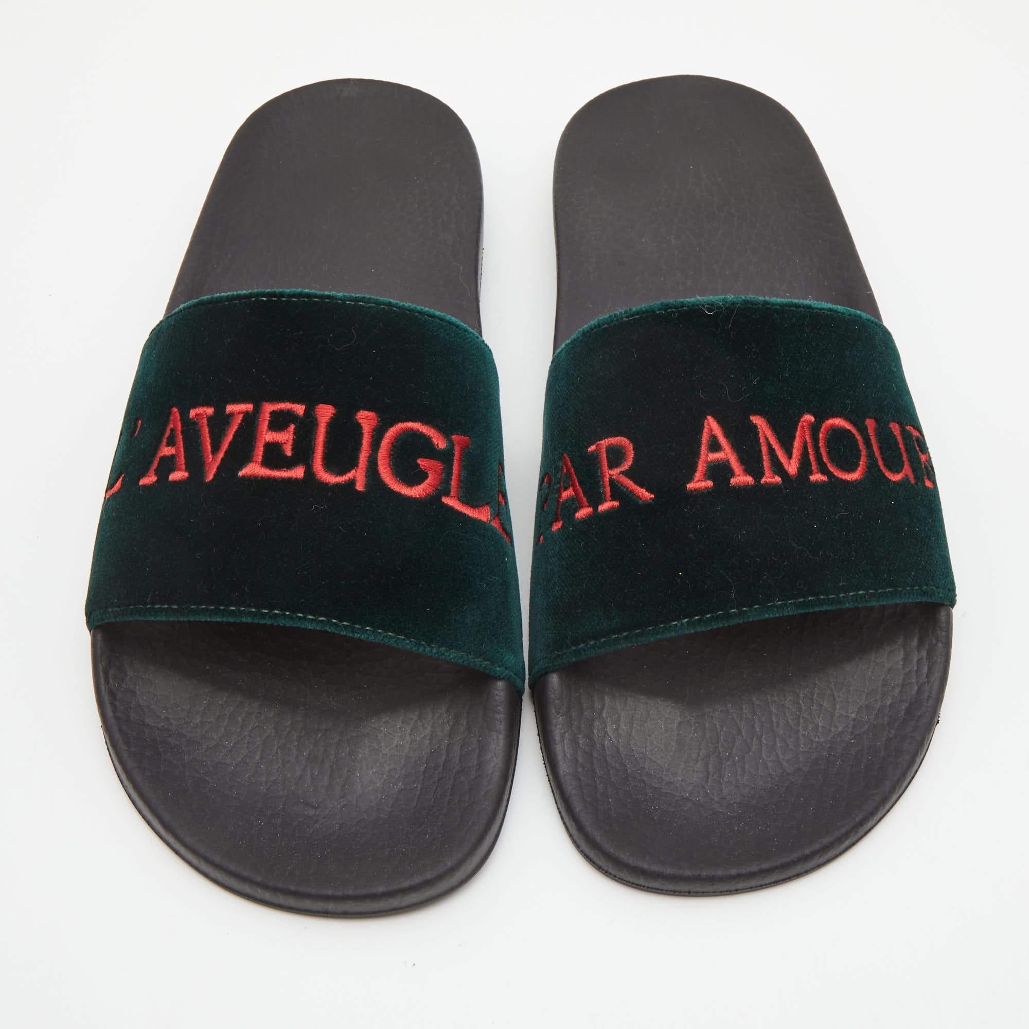 Black Gucci Green Velvet Embroidered L'aveugle Par Amour Slides Size 39