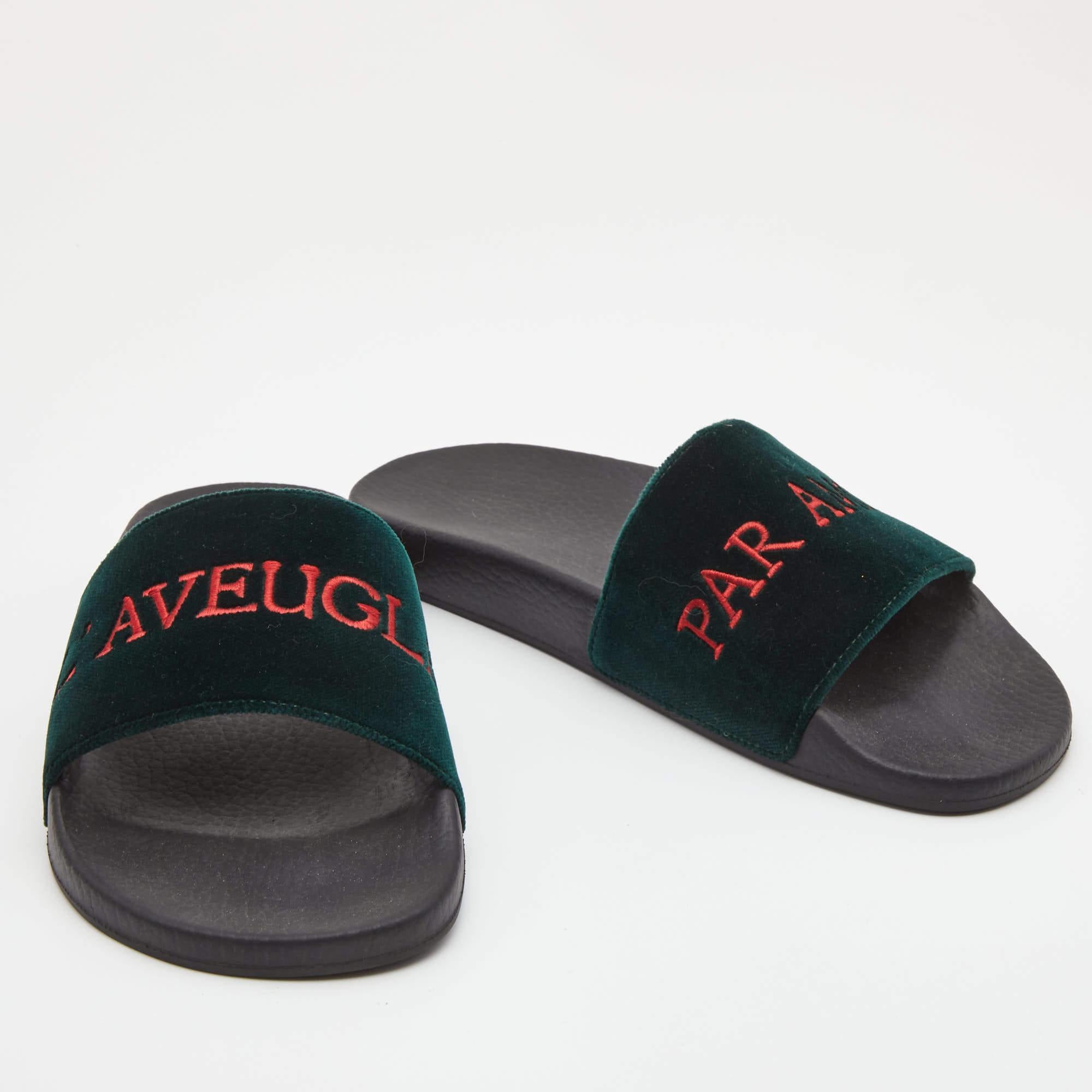 Women's Gucci Green Velvet Embroidered L'aveugle Par Amour Slides Size 39