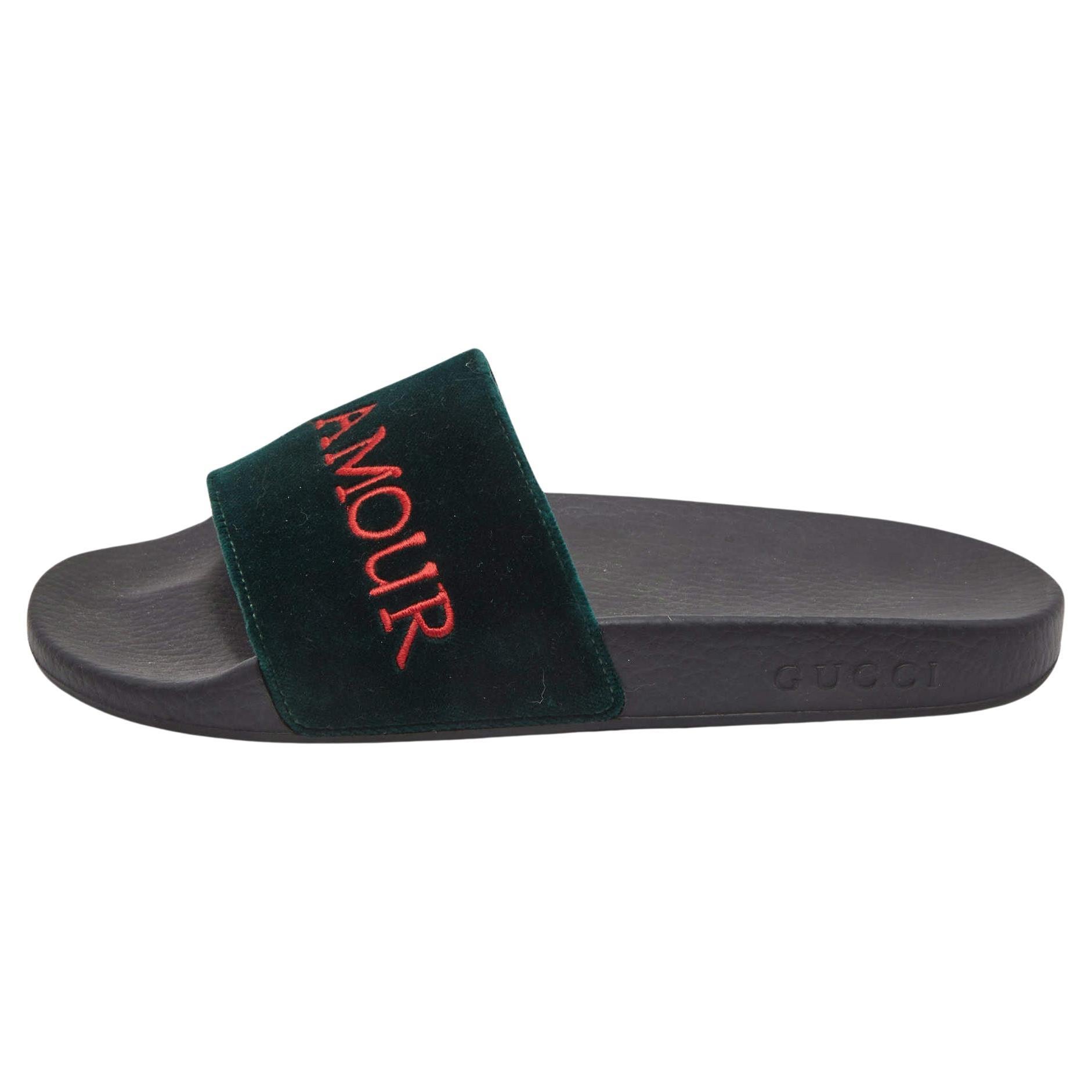 Gucci Green Velvet Embroidered L'aveugle Par Amour Slides Size 39