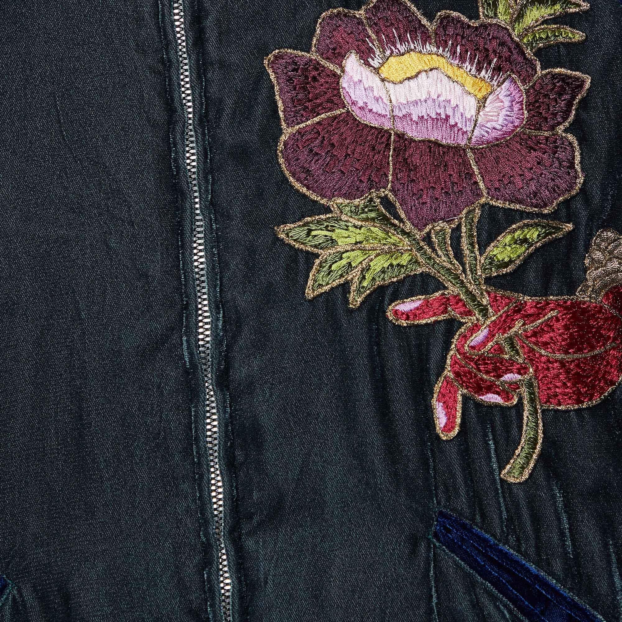 Gucci Green Velvet Embroidery Detail Bomber Jacket S In Good Condition In Dubai, Al Qouz 2