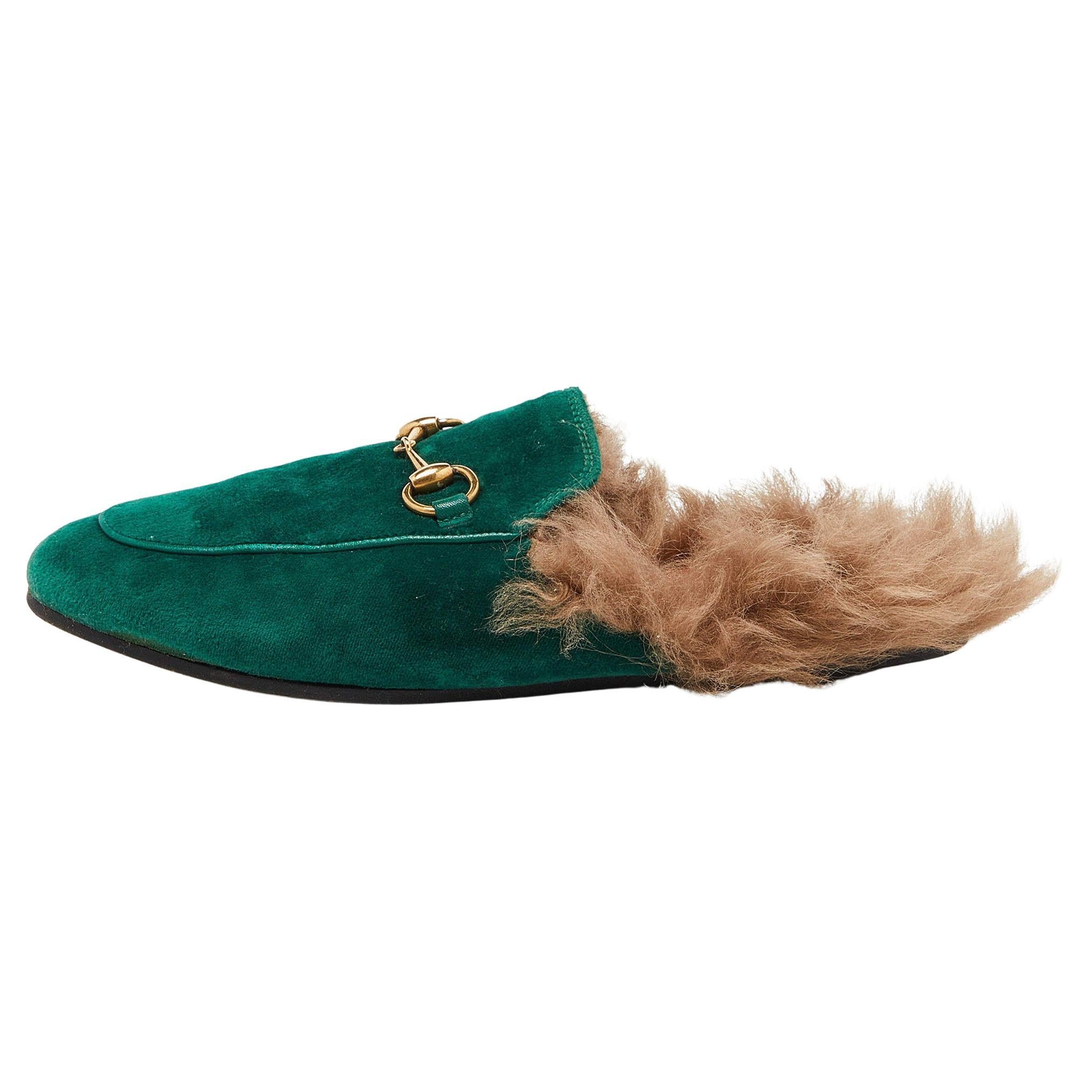 Gucci Green Velvet Horsebit Princetown Flat Mules Size 35 For Sale