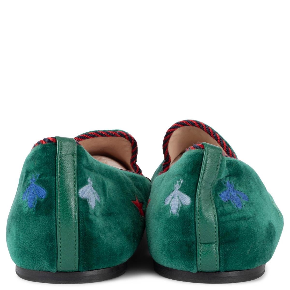 Women's GUCCI green velvet KIBI EMBROIDERED Loafers Shoes 38