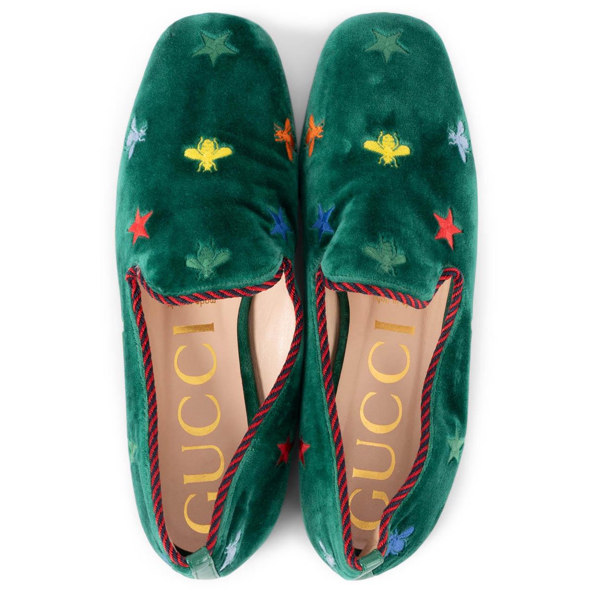 GUCCI green velvet KIBI EMBROIDERED Loafers Shoes 38 1
