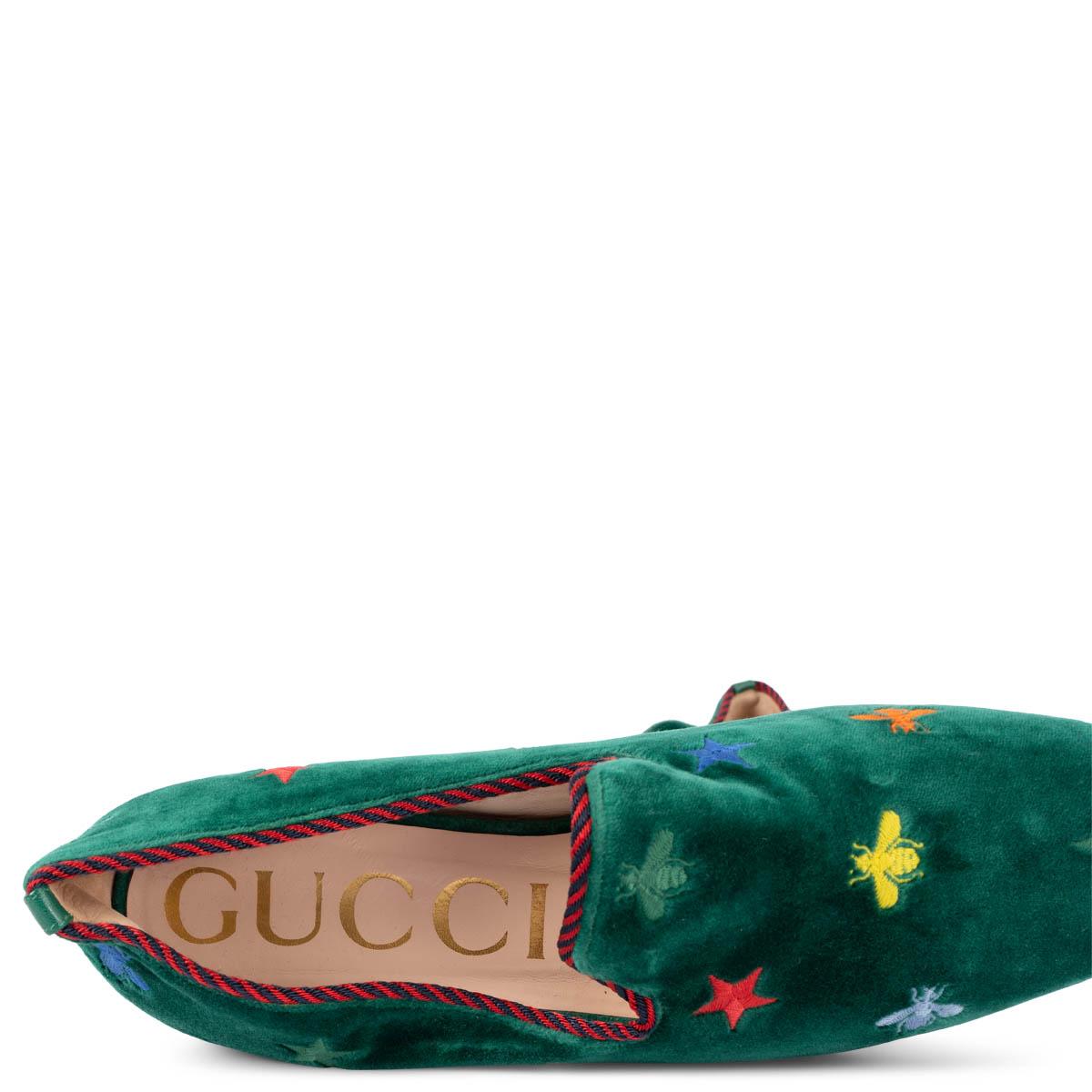 GUCCI green velvet KIBI EMBROIDERED Loafers Shoes 38 2