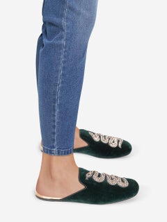 Gucci Green Velvet Snake Crystal Lawrence Slippers Size IT 38