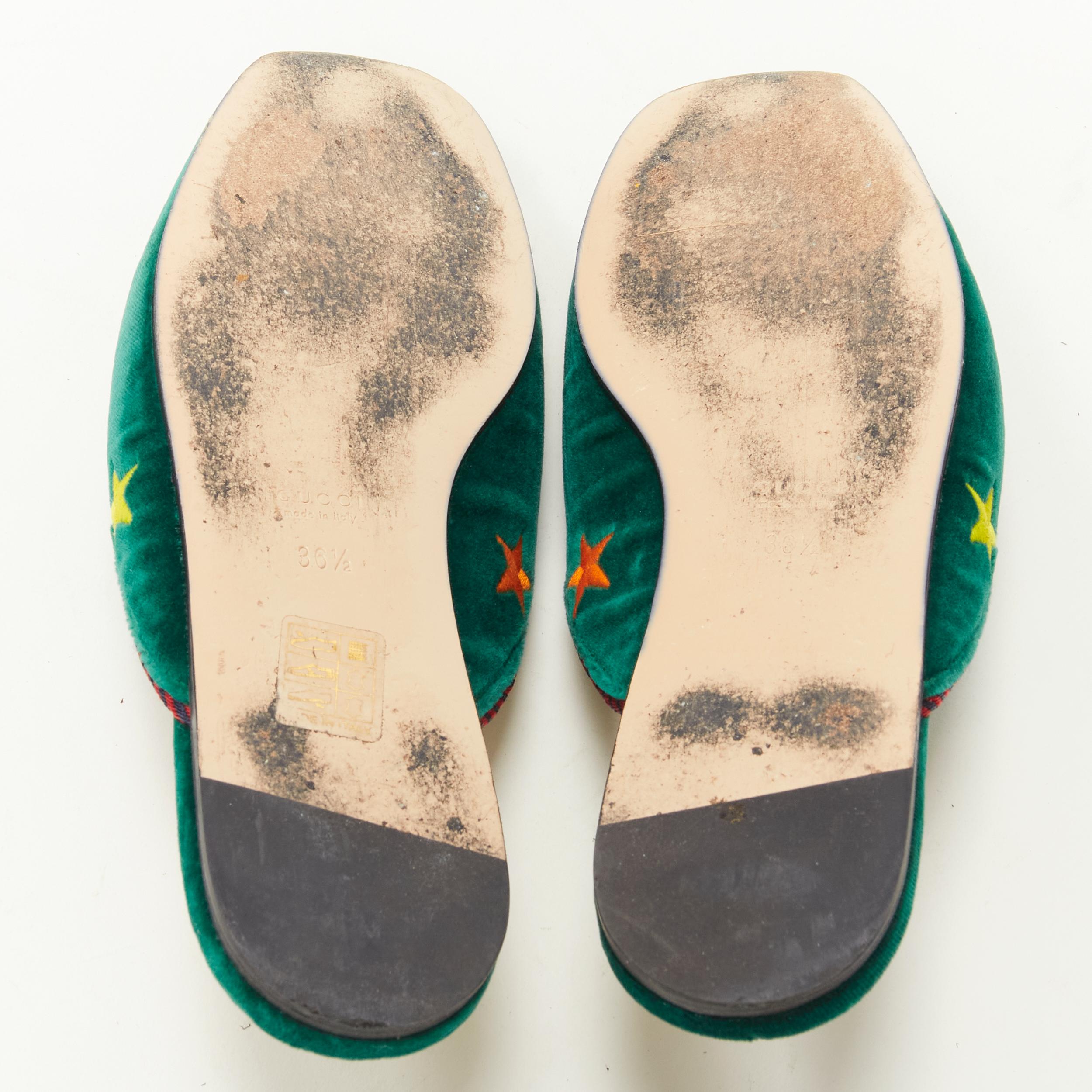 GUCCI green velvet star bee embroidery twist piping flat mule slipper EU36.5 7
