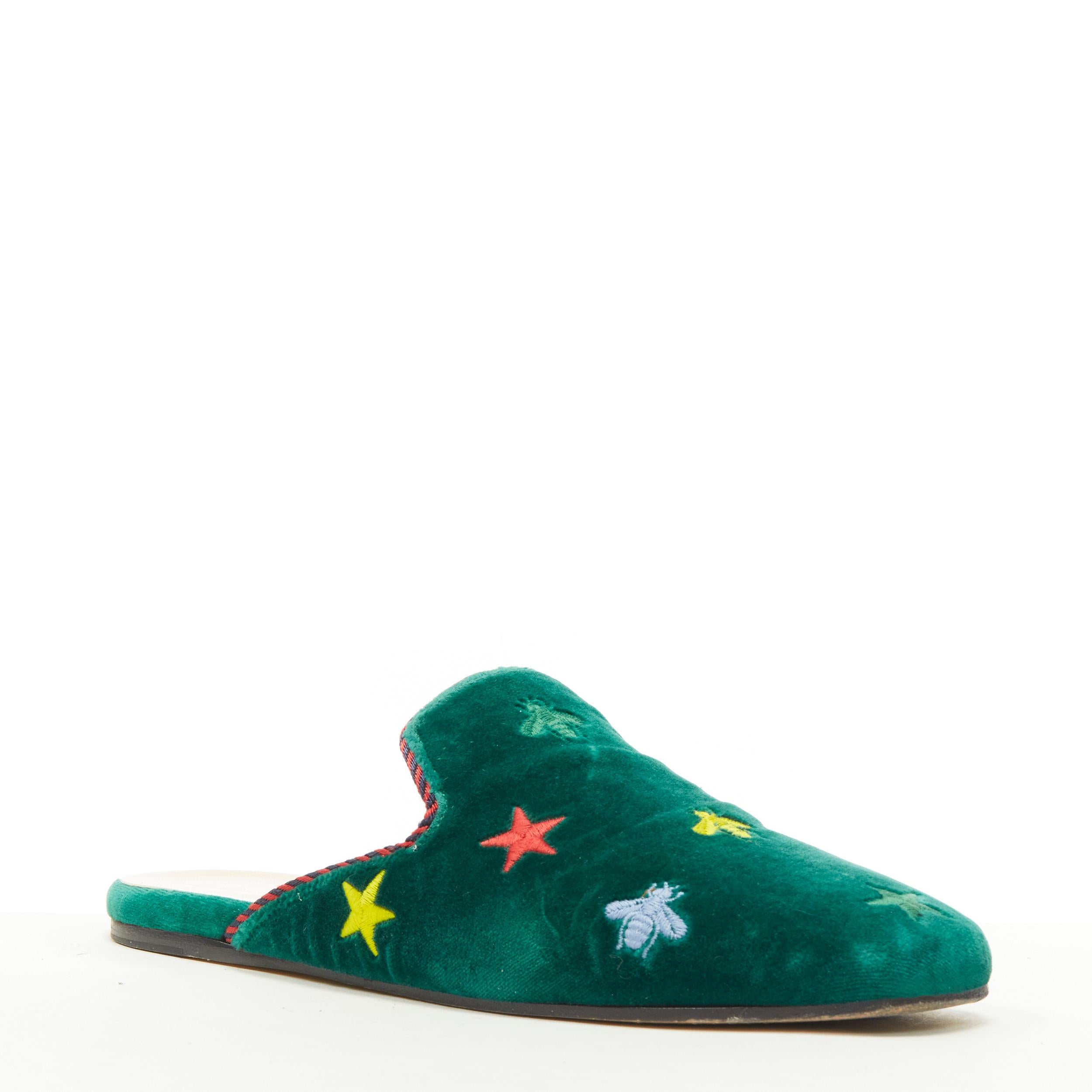 GUCCI green velvet star bee embroidery twist piping flat mule slipper EU36.5 In Good Condition In Hong Kong, NT