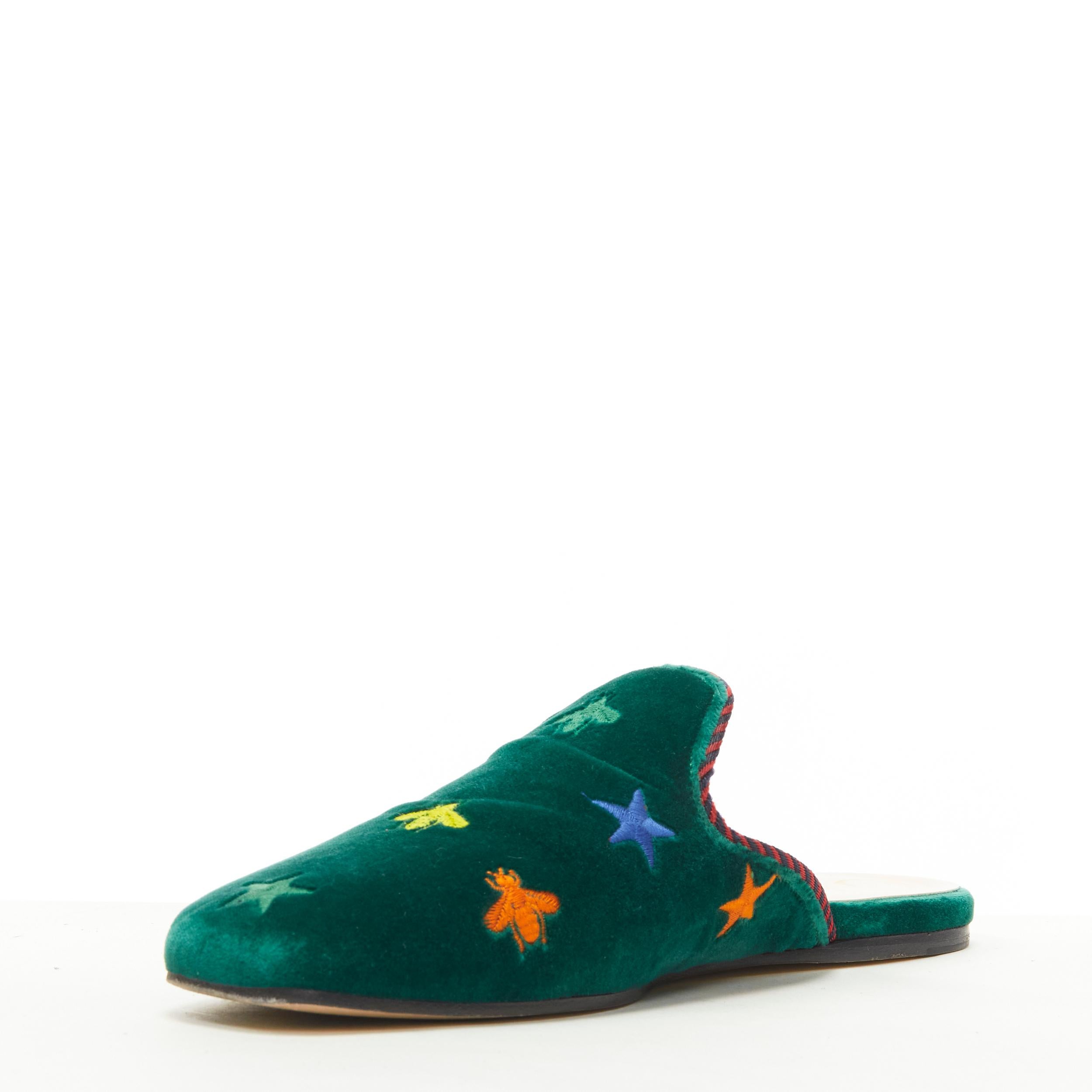 Women's GUCCI green velvet star bee embroidery twist piping flat mule slipper EU36.5