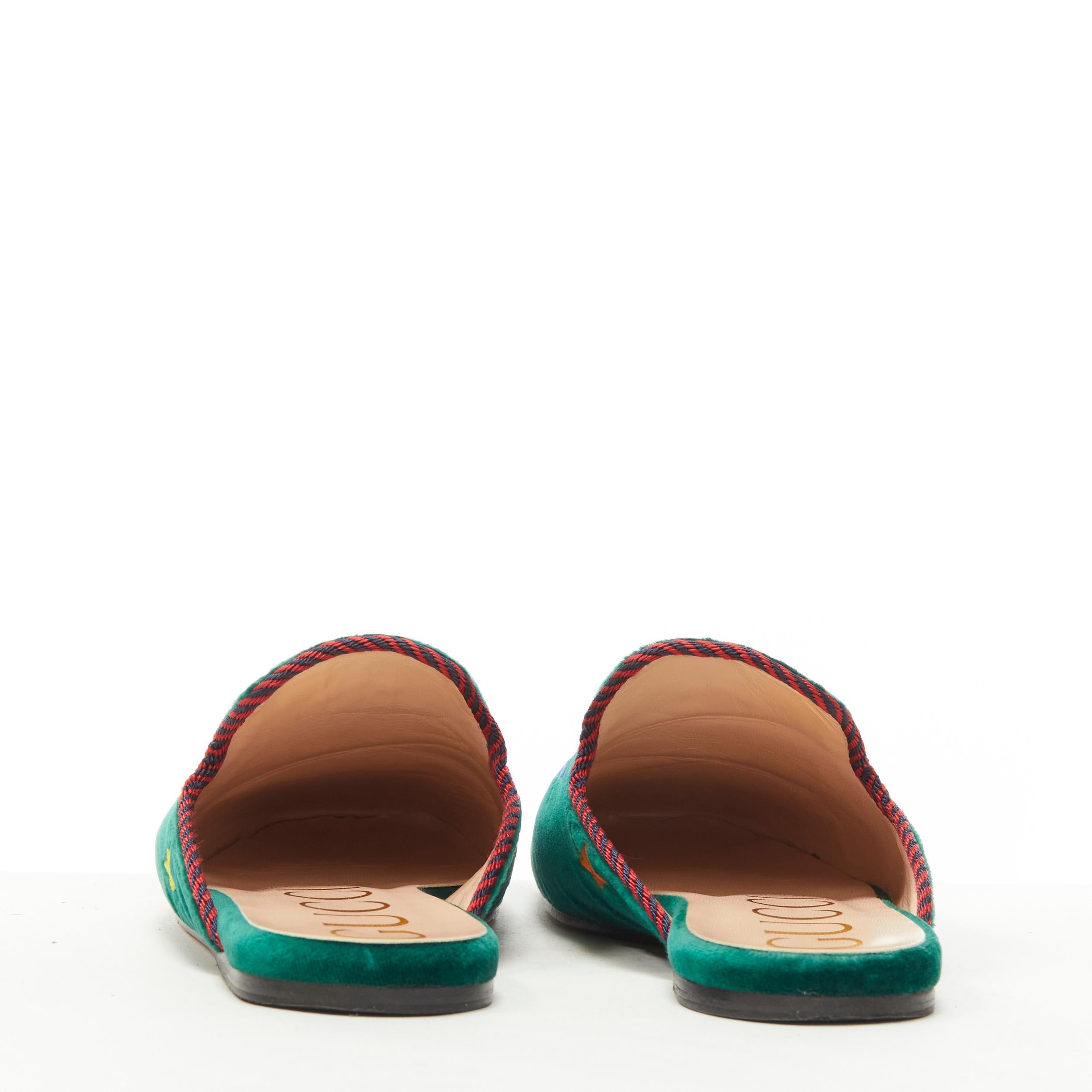 GUCCI green velvet star bee embroidery twist piping flat mule slipper EU36.5 1