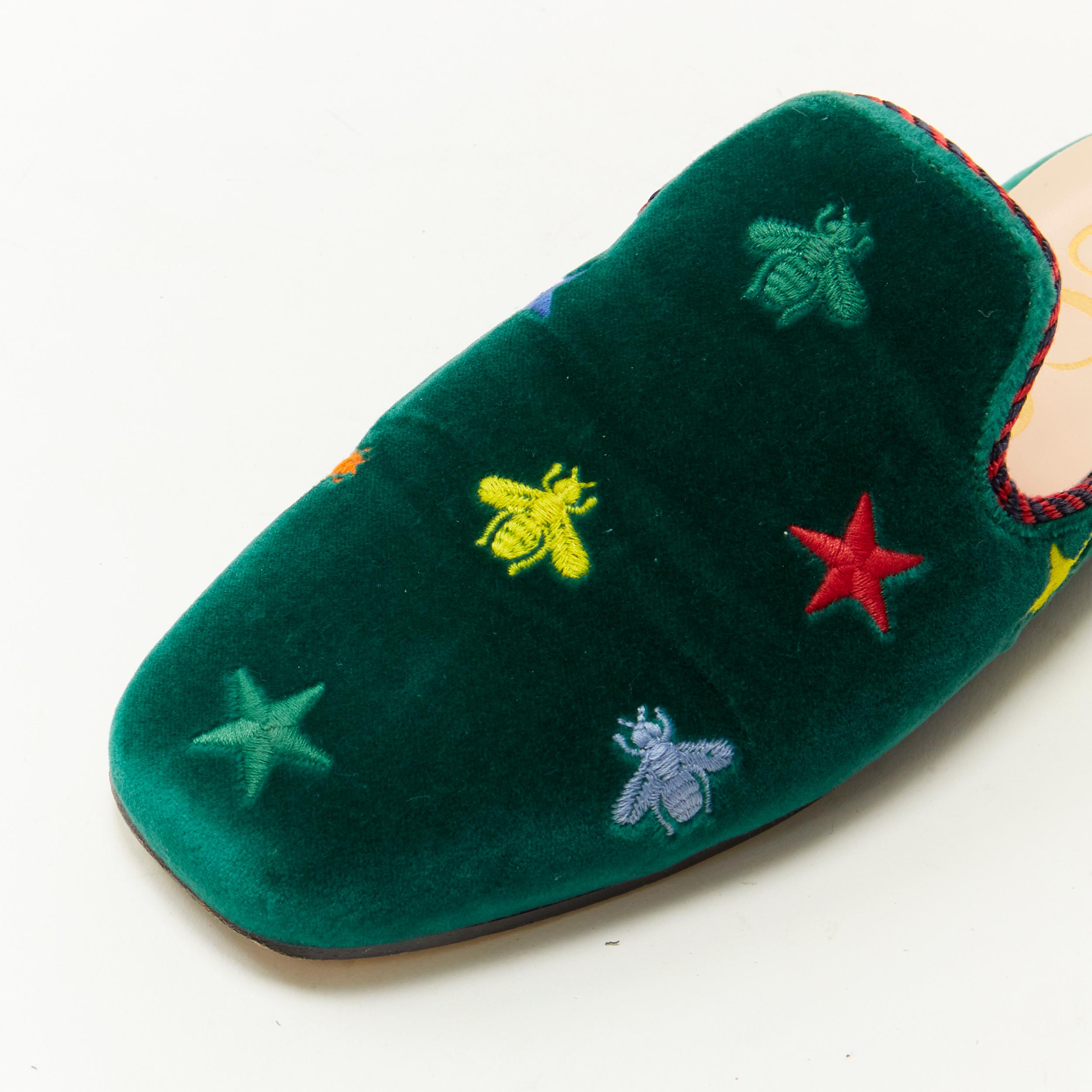 GUCCI green velvet star bee embroidery twist piping flat mule slipper EU36.5 3