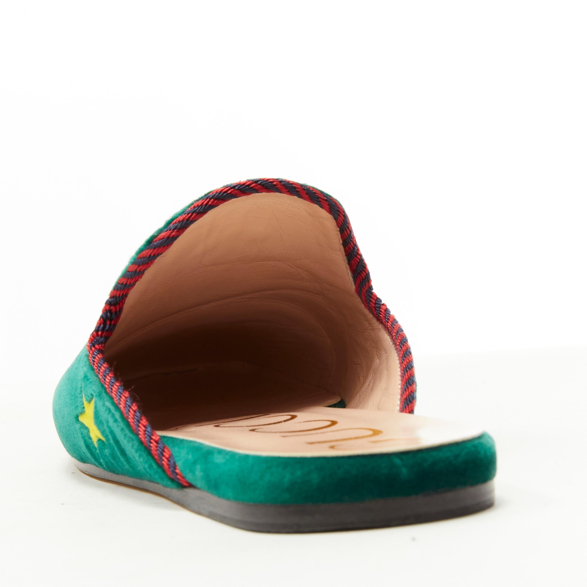 GUCCI green velvet star bee embroidery twist piping flat mule slipper EU36.5 4