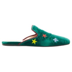 GUCCI green velvet star bee embroidery twist piping flat mule slipper EU36.5