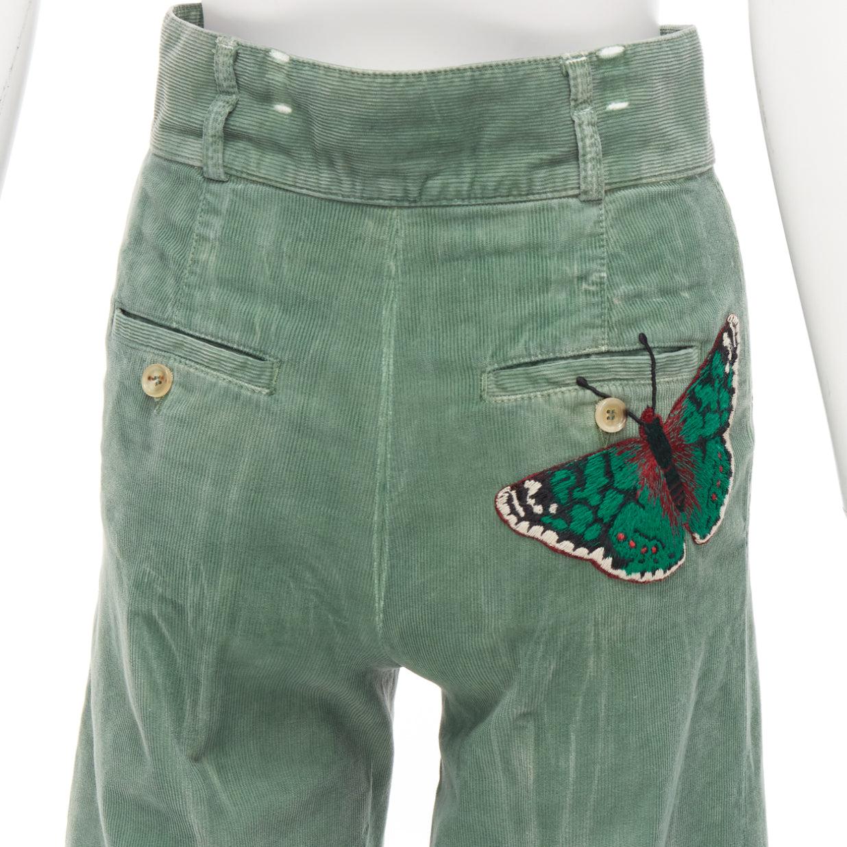 GUCCI green washed corduroy butterfly patch pocket wide leg pants
Reference: NKLL/A00206
Brand: Gucci
Designer: Alessandro Michele
Material: Corduroy
Pattern: Solid
Closure: Zip Fly
Extra Details: Green butterfly patch at right back pocket. Washed