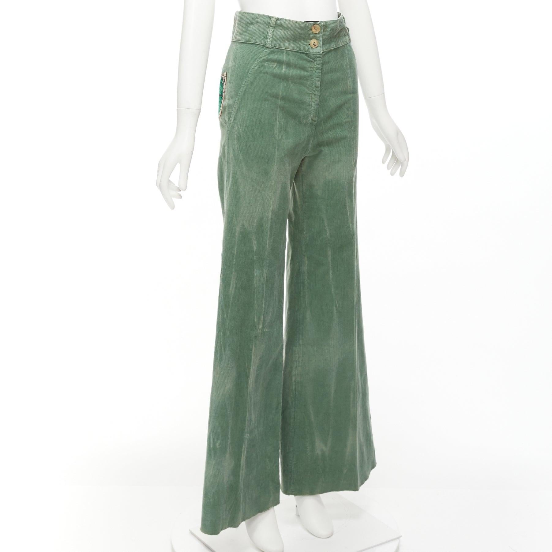 GUCCI green washed corduroy butterfly patch pocket wide leg pants In Excellent Condition For Sale In Hong Kong, NT