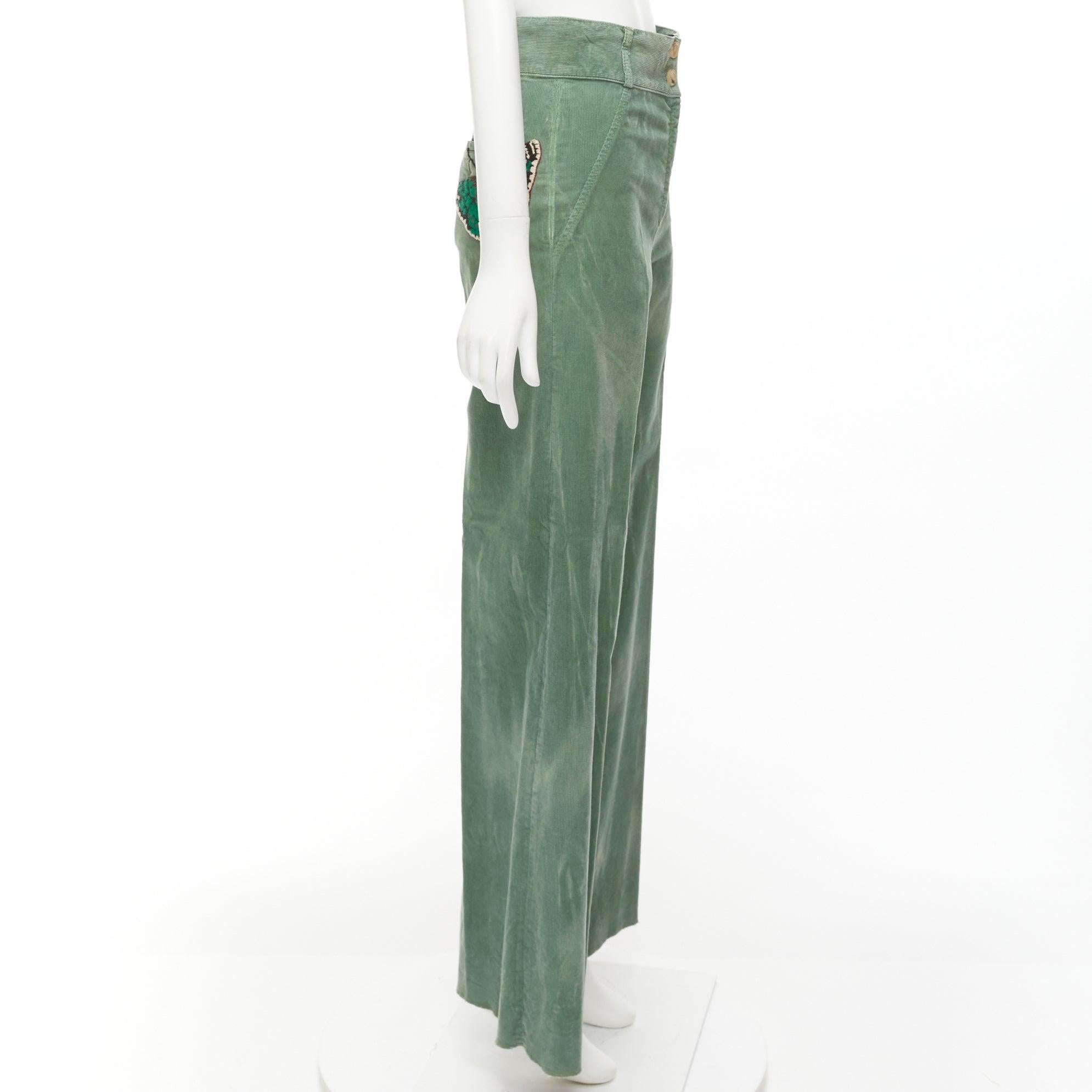 Gray GUCCI green washed corduroy butterfly patch pocket wide leg pants