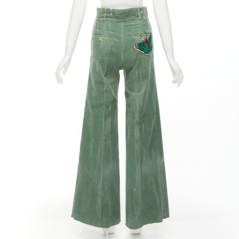 GUCCI green washed corduroy butterfly patch pocket wide leg pants 