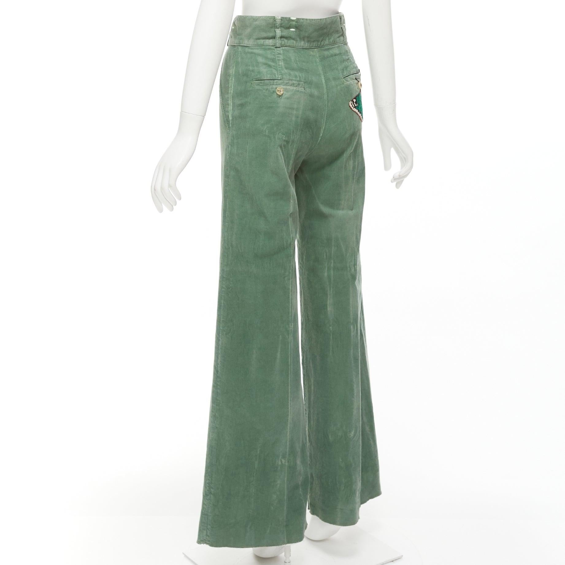 Women's GUCCI green washed corduroy butterfly patch pocket wide leg pants