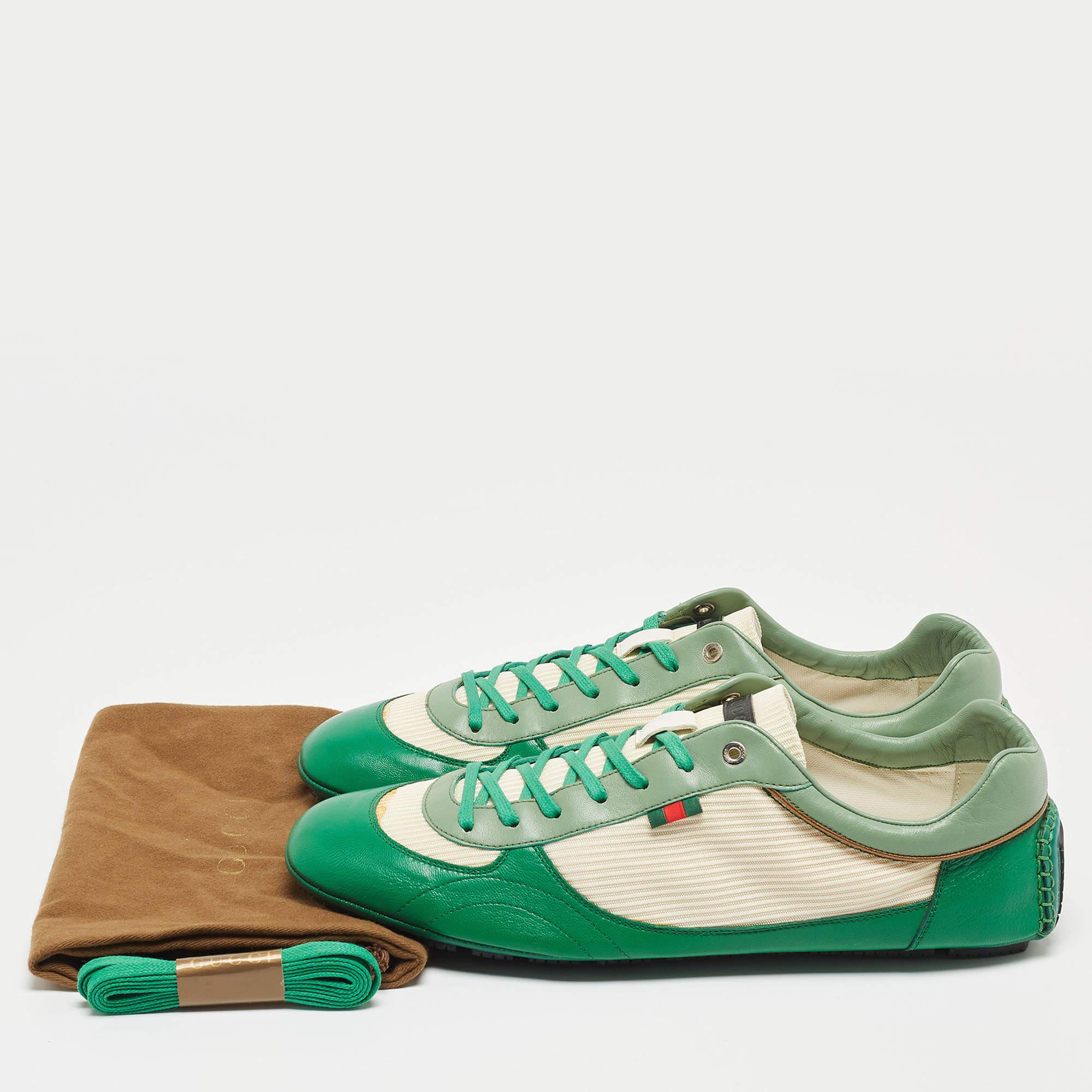Gucci Green/White Leather and Fabric Low Top Sneakers Size 45.5 For Sale 6