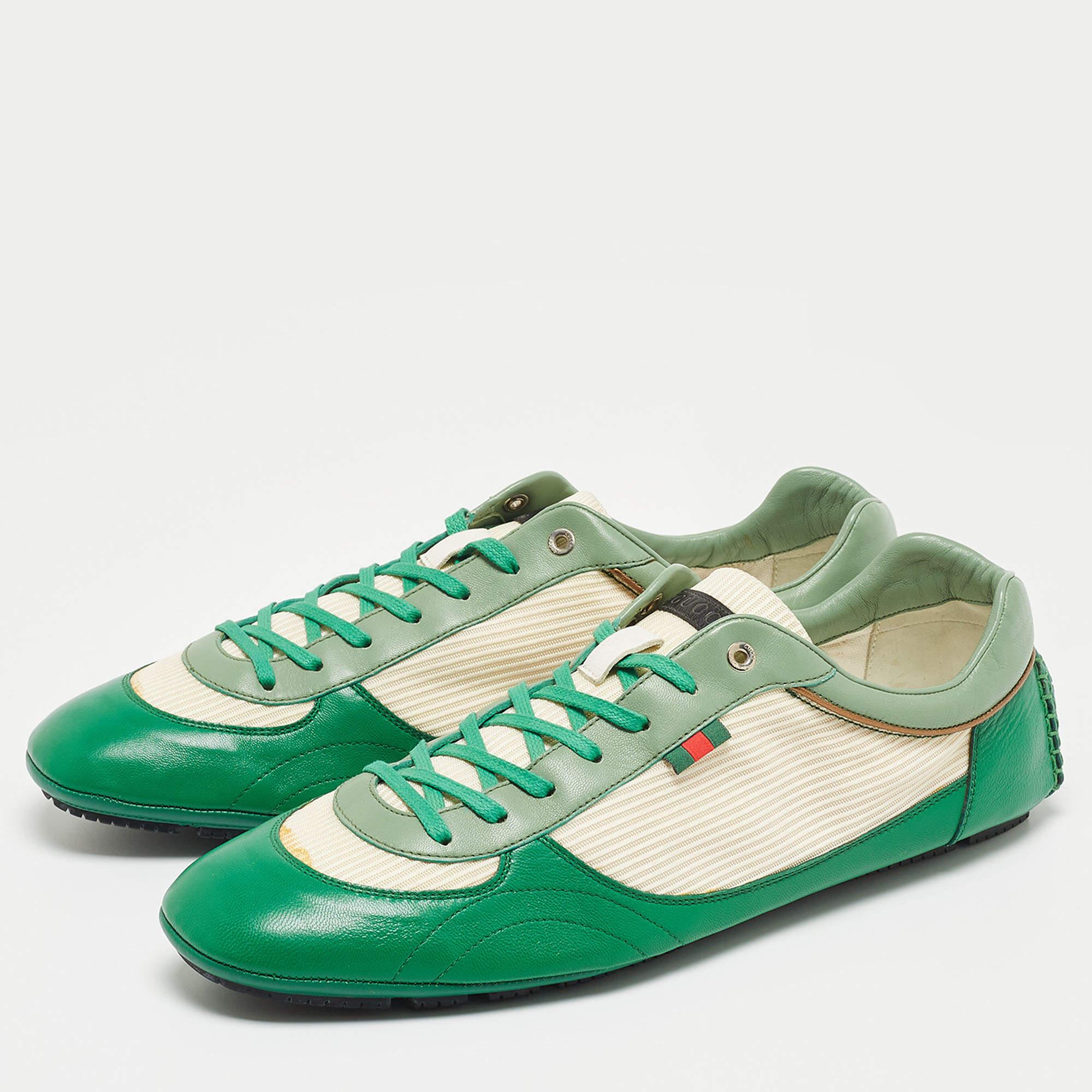 Gucci Green/White Leather and Fabric Low Top Sneakers Size 45.5 In New Condition In Dubai, Al Qouz 2