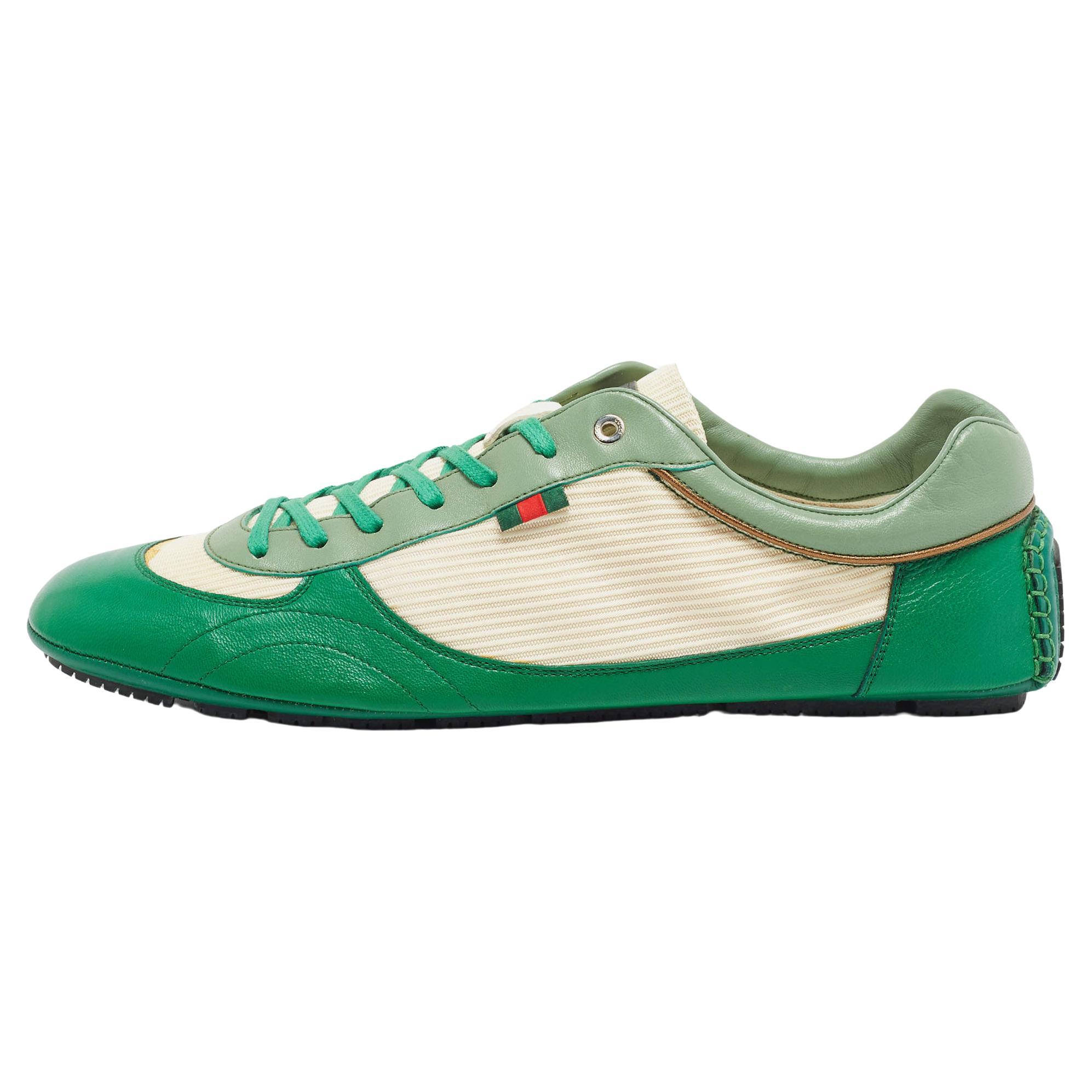 Gucci Green/White Leather and Fabric Low Top Sneakers Size 45.5 For Sale
