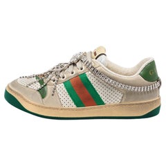 Gucci Green/White Leather Crystals Embellished Low Top Sneakers Size 36