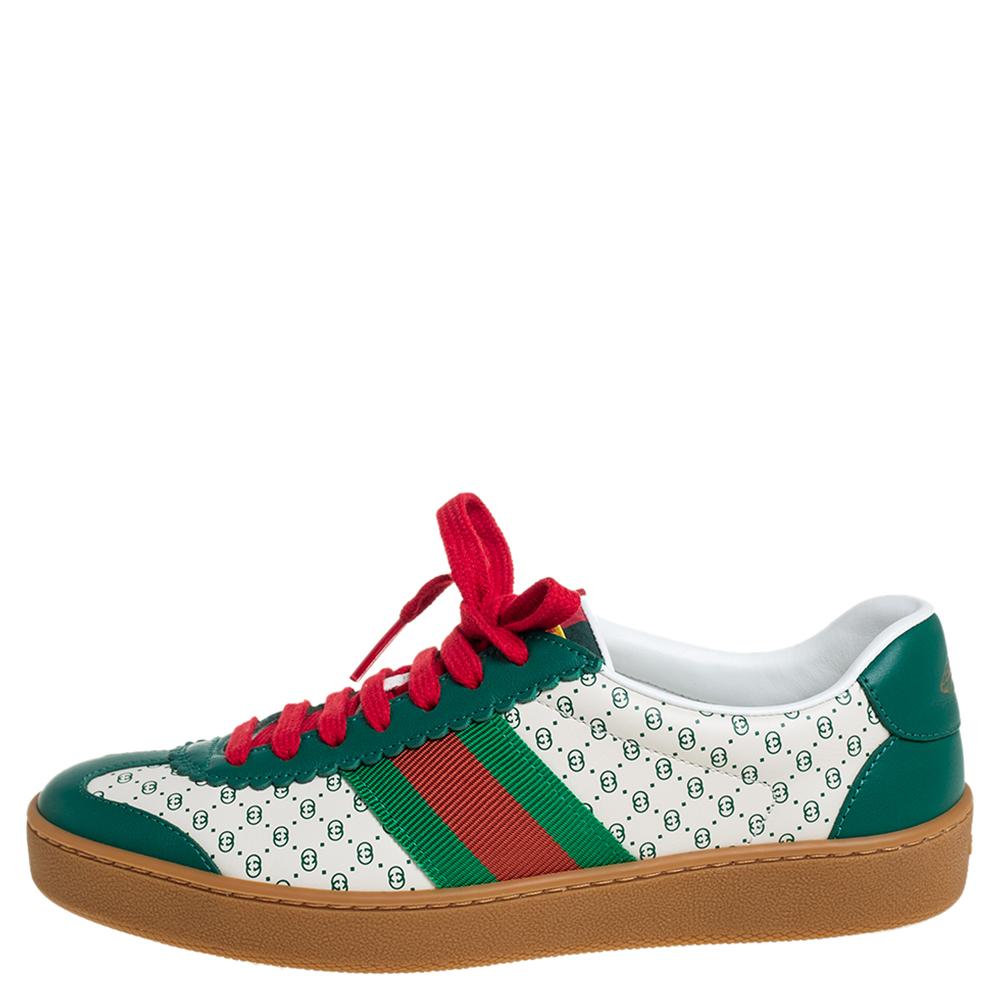 Gucci Green/White Leather Web Dapper Dan Low Top Sneakers Size 35 In New Condition In Dubai, Al Qouz 2