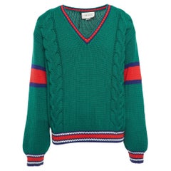 Gucci Green Wool Cable Knit V-Neck Sweater L
