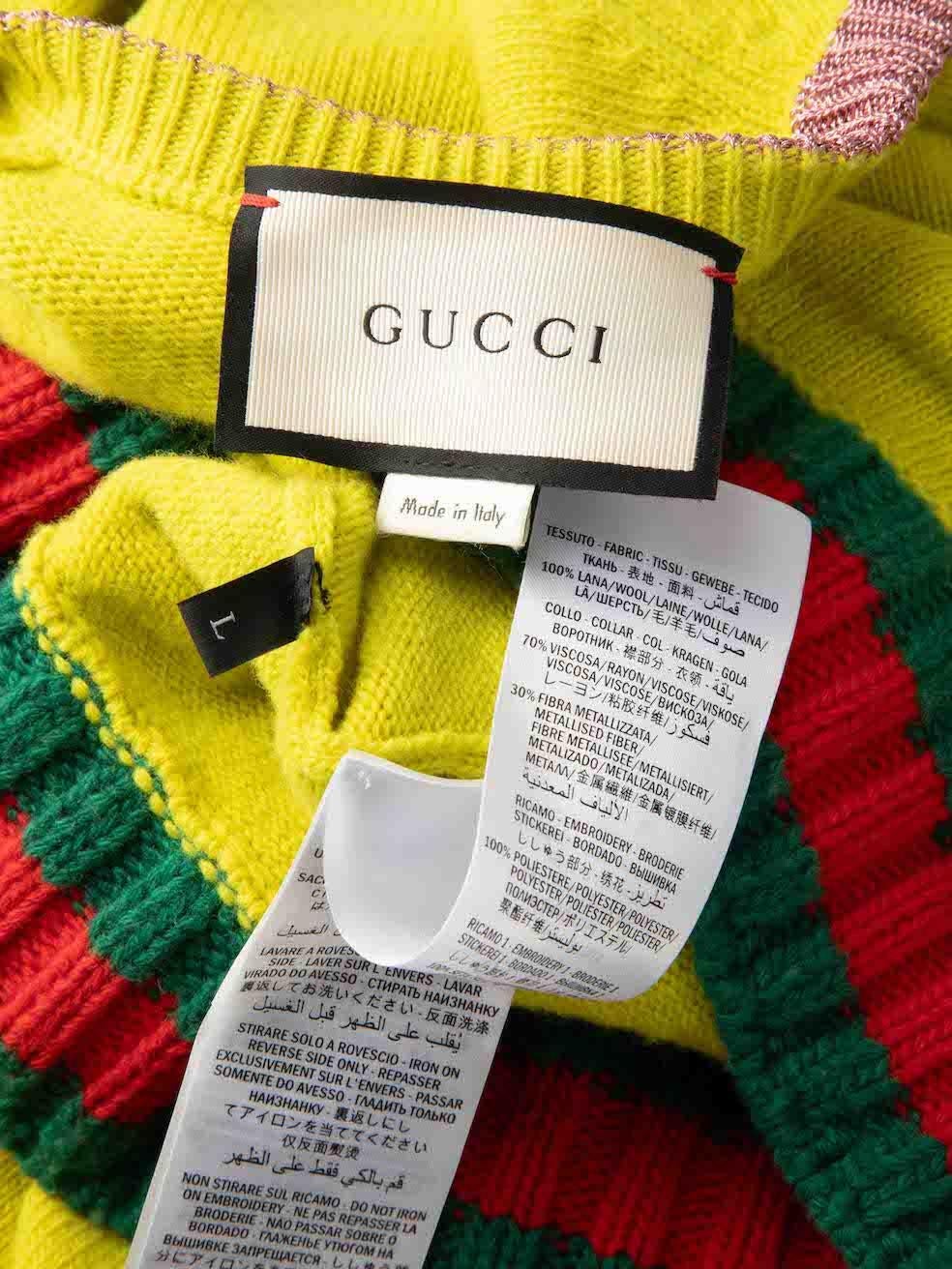Gucci Grüner Wollpullover mit gestickten Katzenapplikationen Größe L im Angebot 1