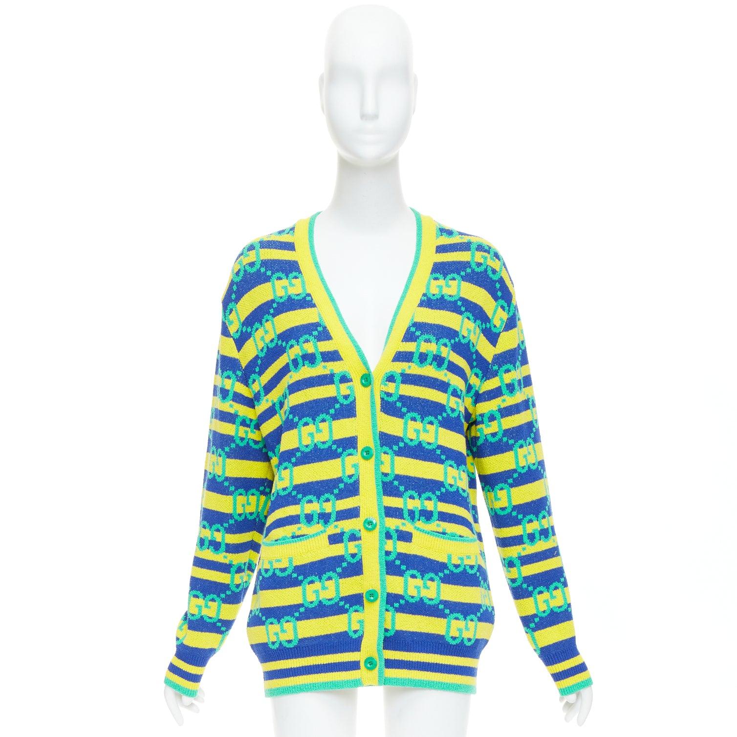 GUCCI green yellow blue GG monogram stripe cardigan XS For Sale 5