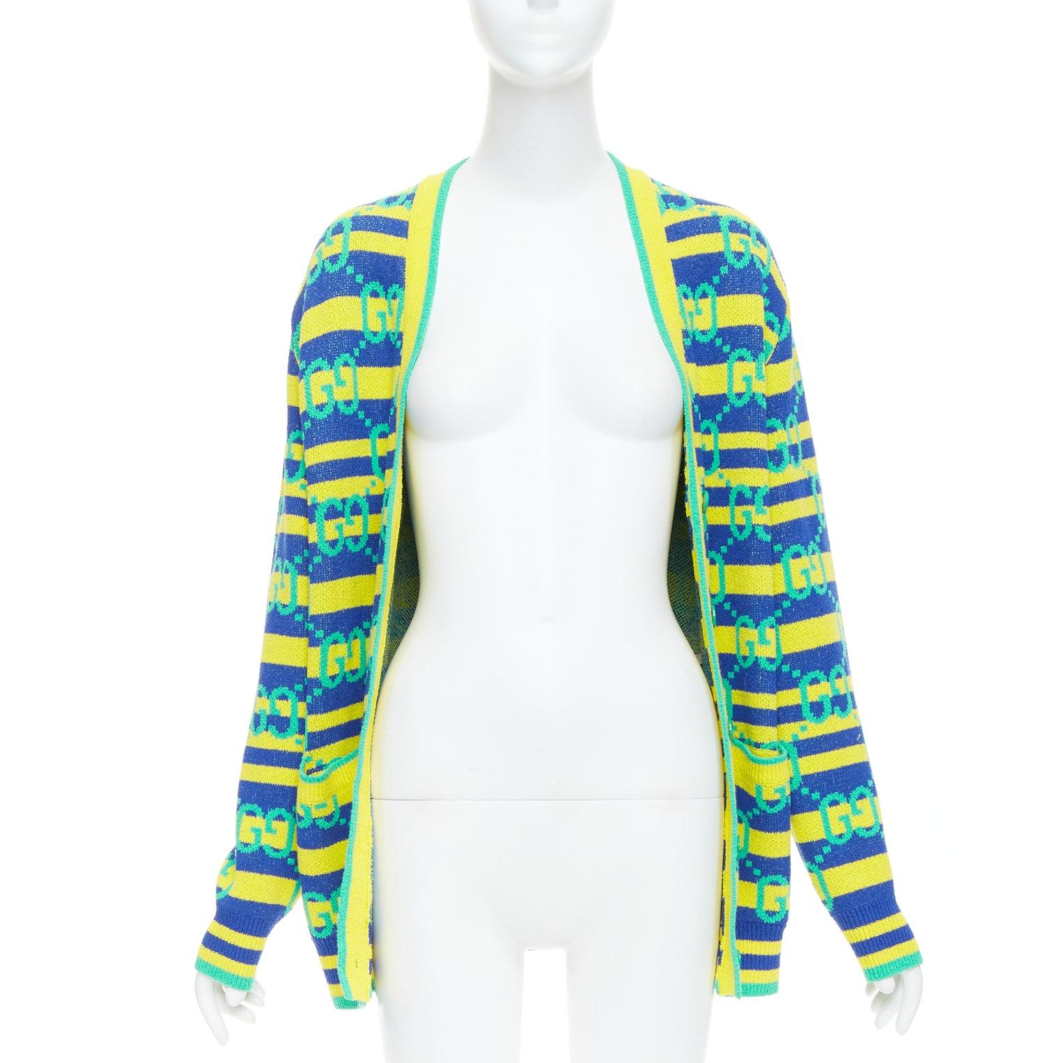 Blue GUCCI green yellow blue GG monogram stripe cardigan XS For Sale