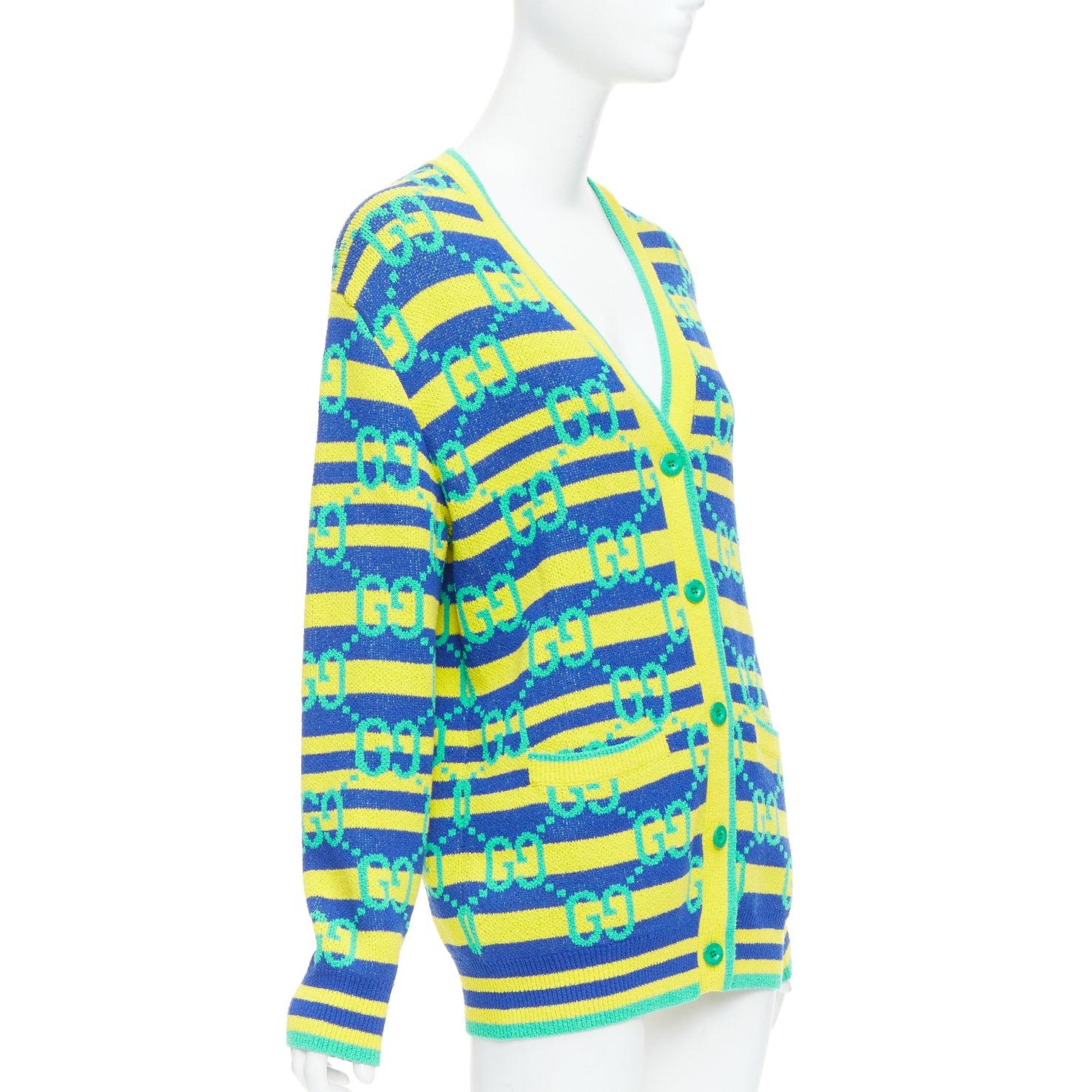 GUCCI green yellow blue GG monogram stripe cardigan XS In Excellent Condition For Sale In Hong Kong, NT