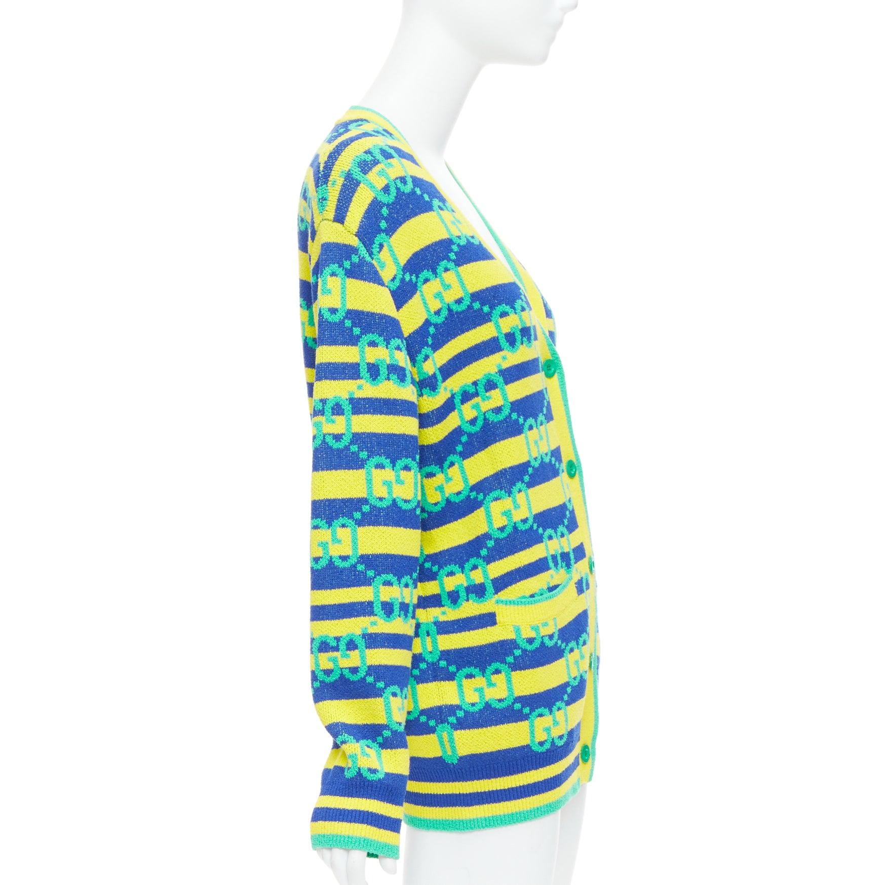 Women's GUCCI green yellow blue GG monogram stripe cardigan XS For Sale