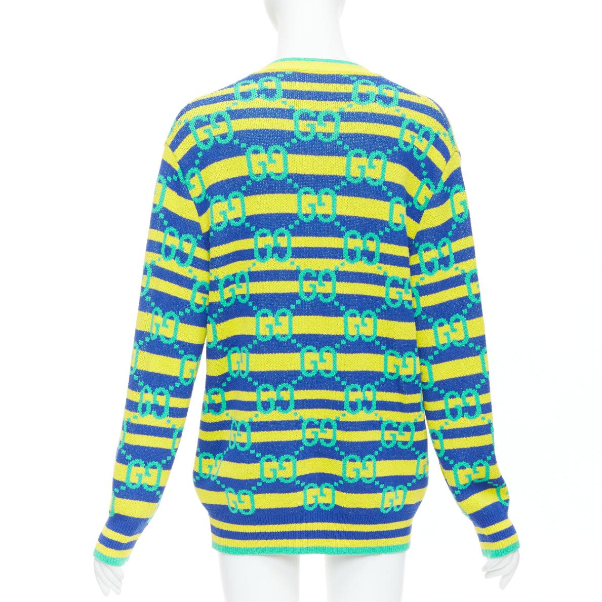 GUCCI green yellow blue GG monogram stripe cardigan XS For Sale 1