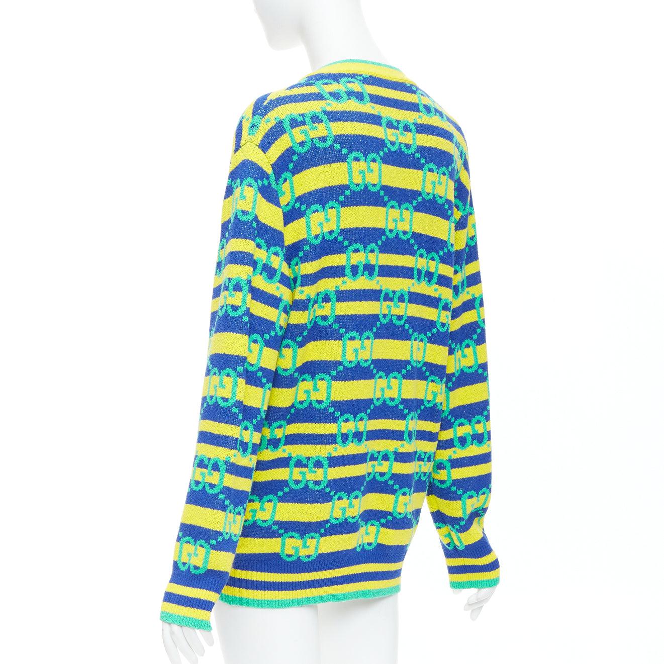 GUCCI green yellow blue GG monogram stripe cardigan XS For Sale 2