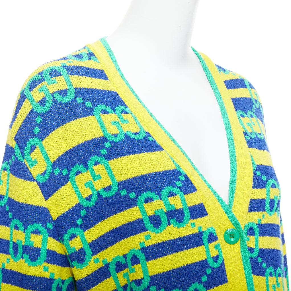 GUCCI green yellow blue GG monogram stripe cardigan XS For Sale 3