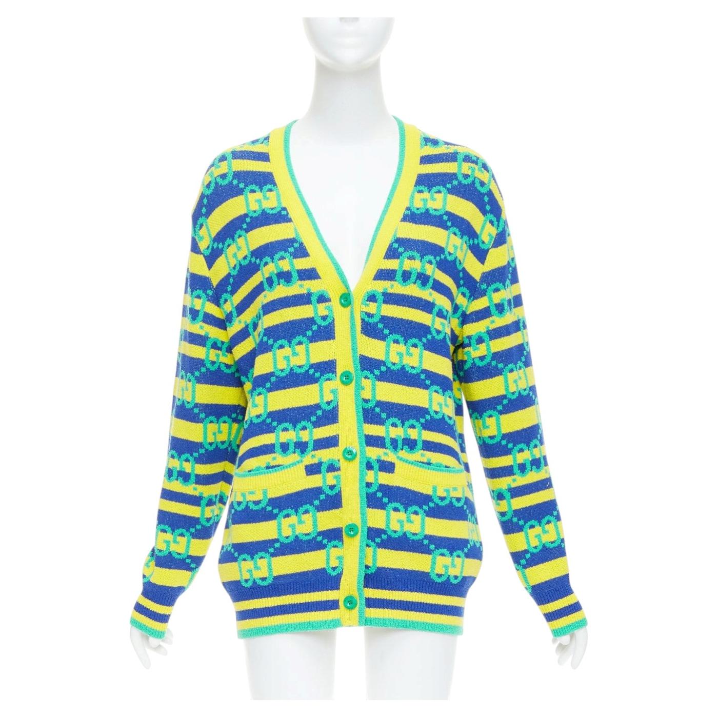 GUCCI verde amarillo azul GG monograma raya cardigan XS