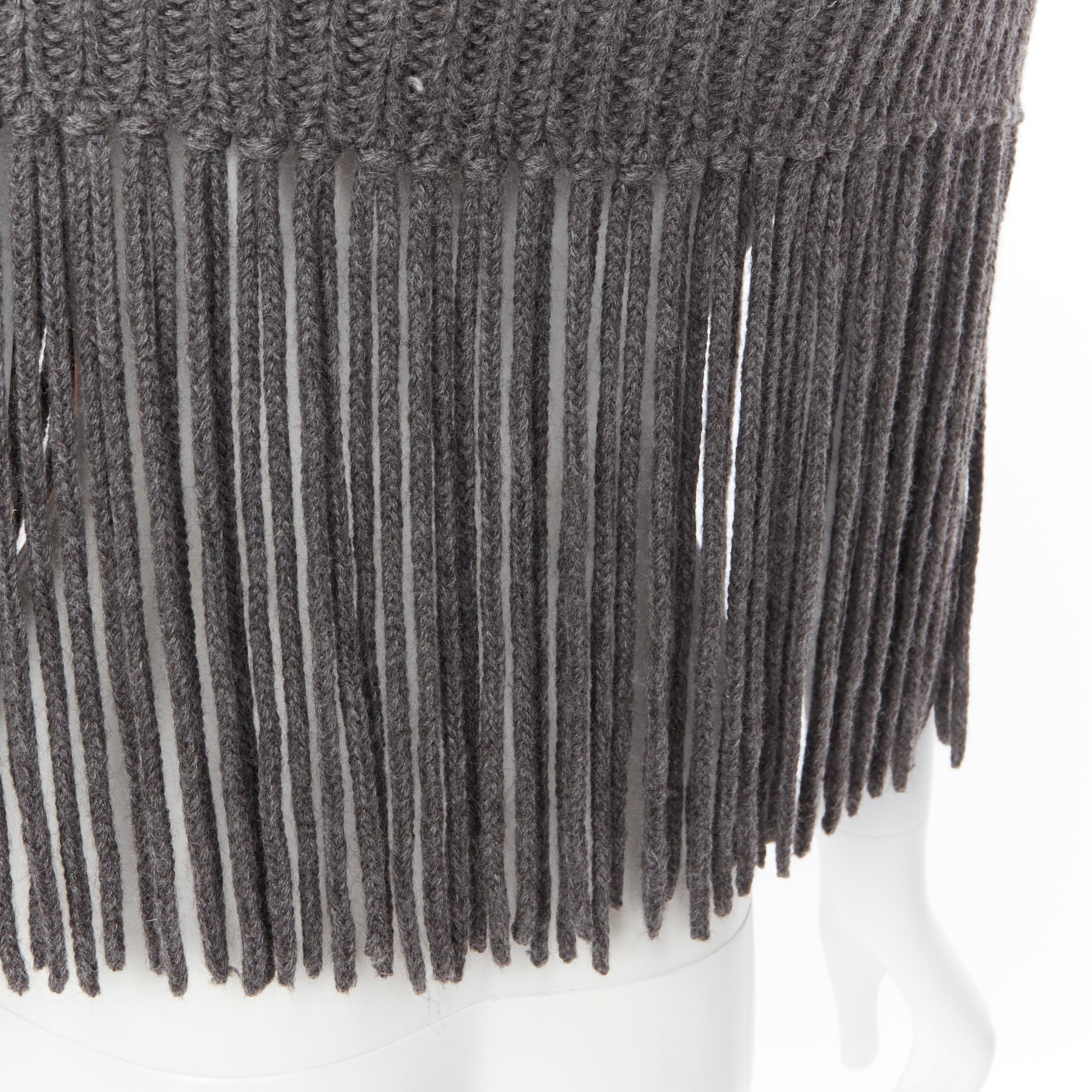 GUCCI grey alpaca wool chunky knit fringe trimmed zip front winter shawl scarf 2