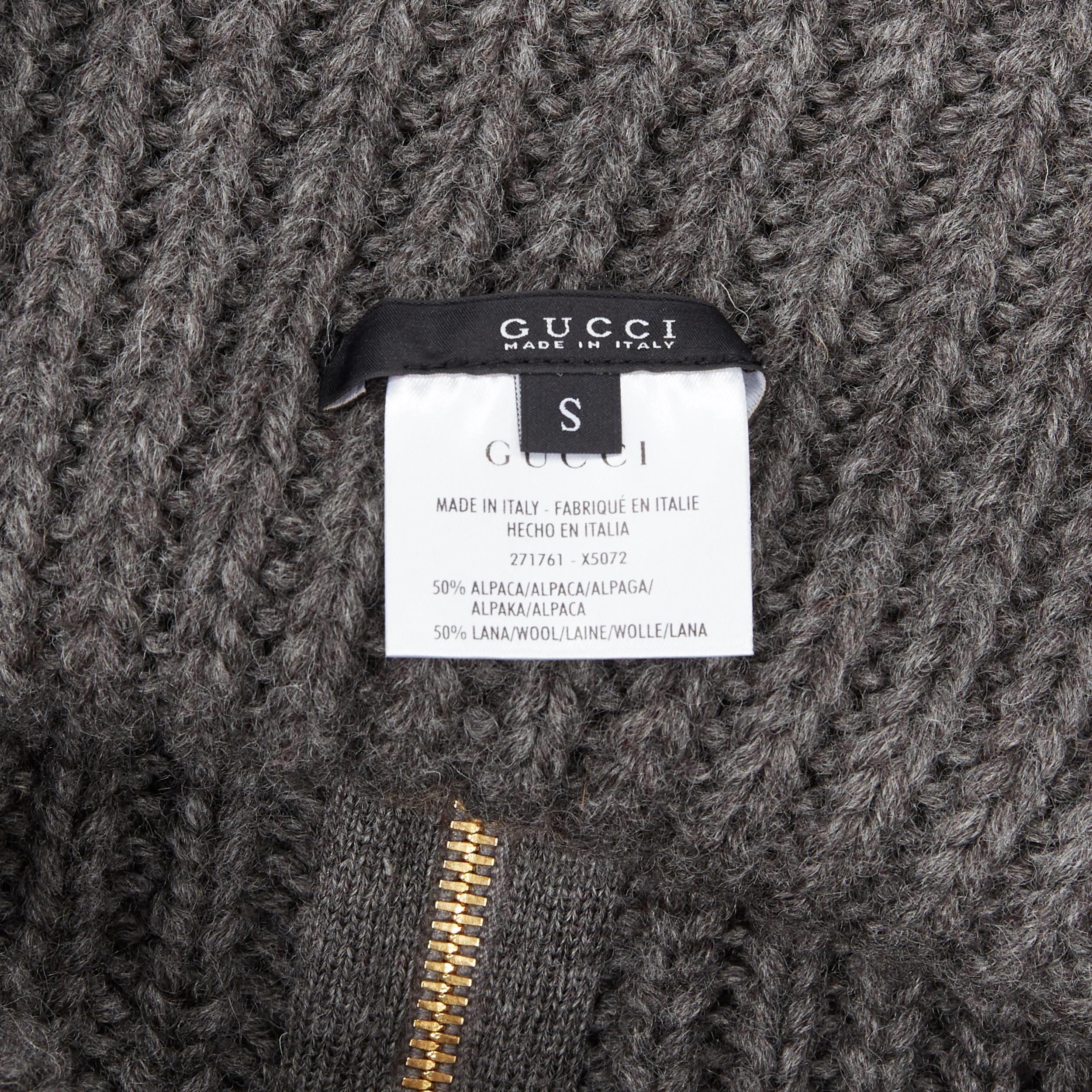 GUCCI grey alpaca wool chunky knit fringe trimmed zip front winter shawl scarf 3