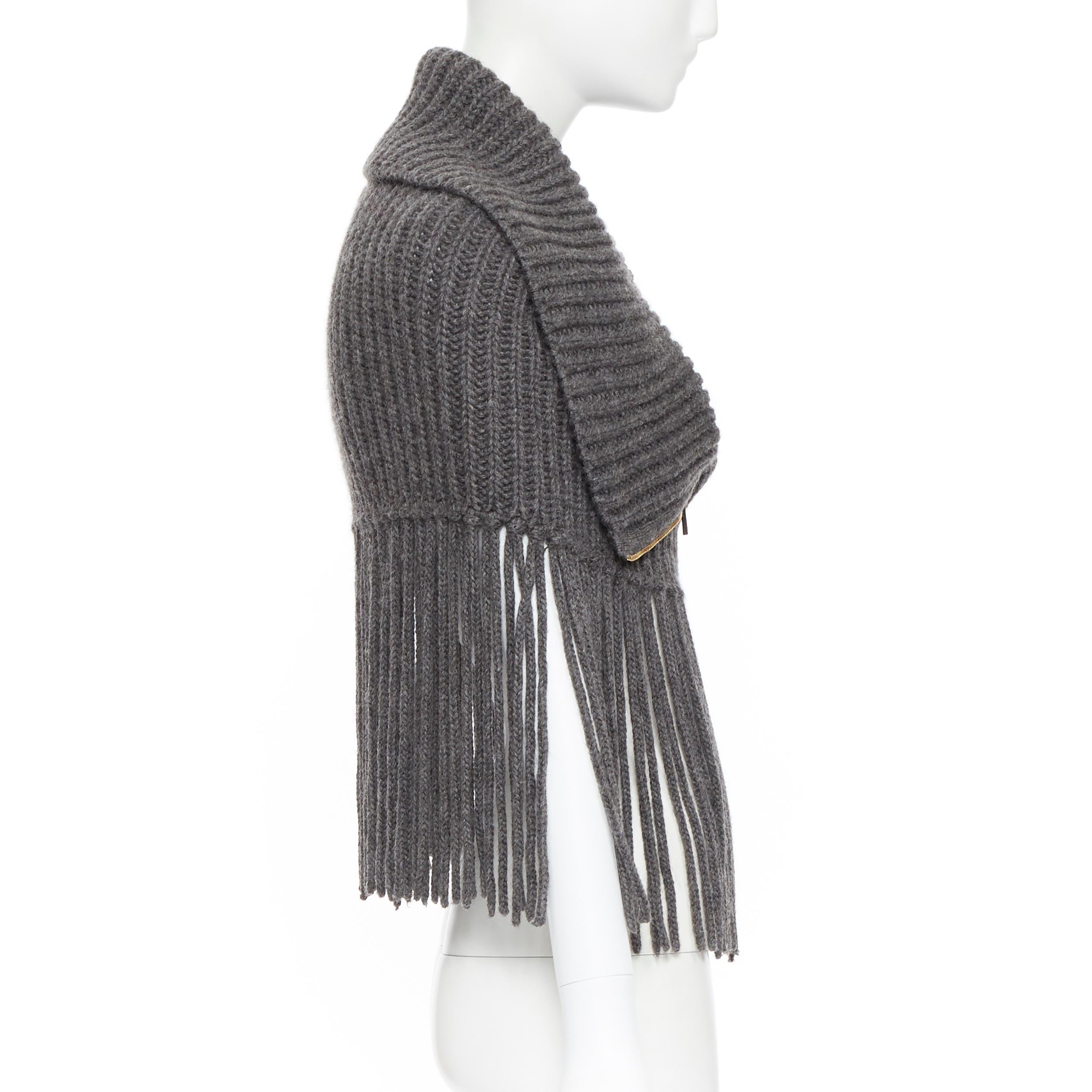 Gray GUCCI grey alpaca wool chunky knit fringe trimmed zip front winter shawl scarf