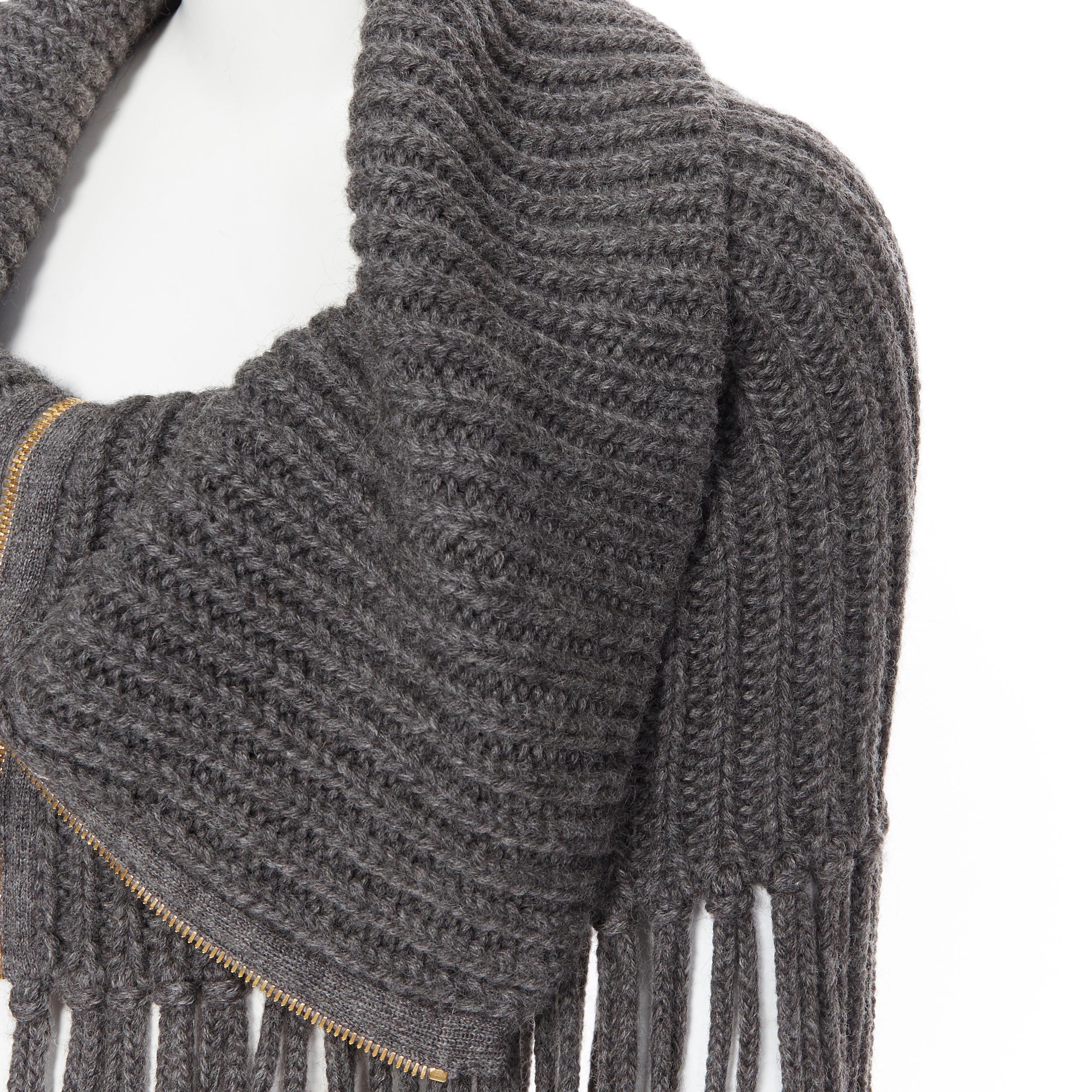 GUCCI grey alpaca wool chunky knit fringe trimmed zip front winter shawl scarf 1