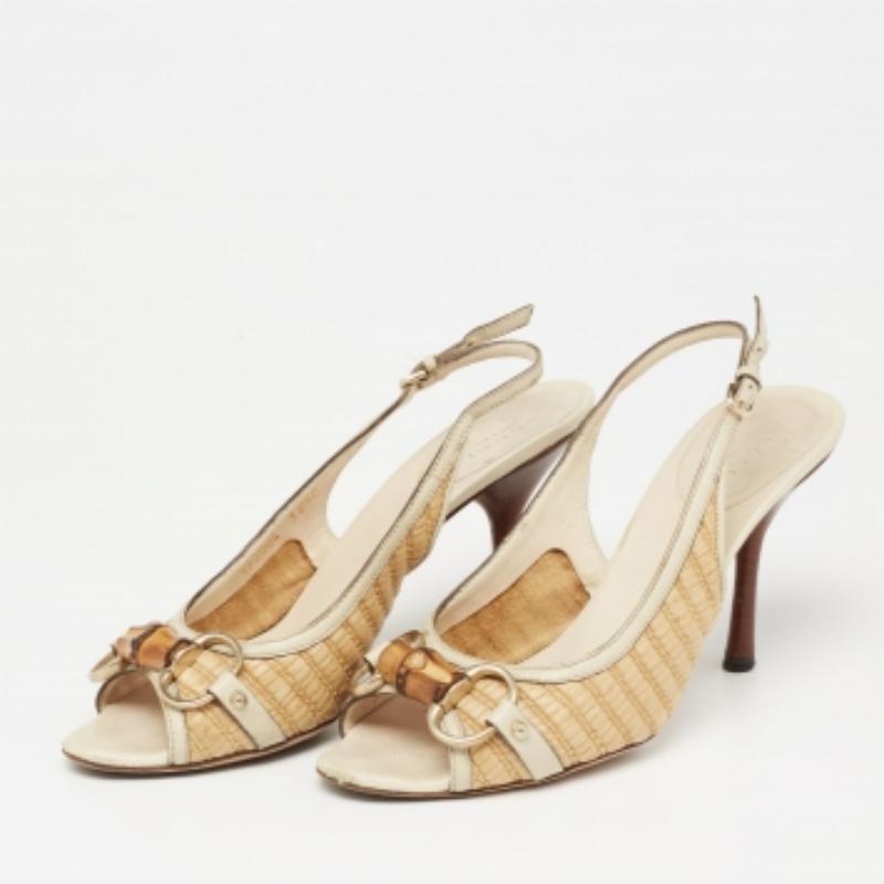These sandals crafted from leather and raffia are the epitome of style and comfort. The sandals are lined with leather that lends ultimate comfort. This pair of sandals from Gucci feature bamboo Horsebit details, slingbacks, and slender heels.