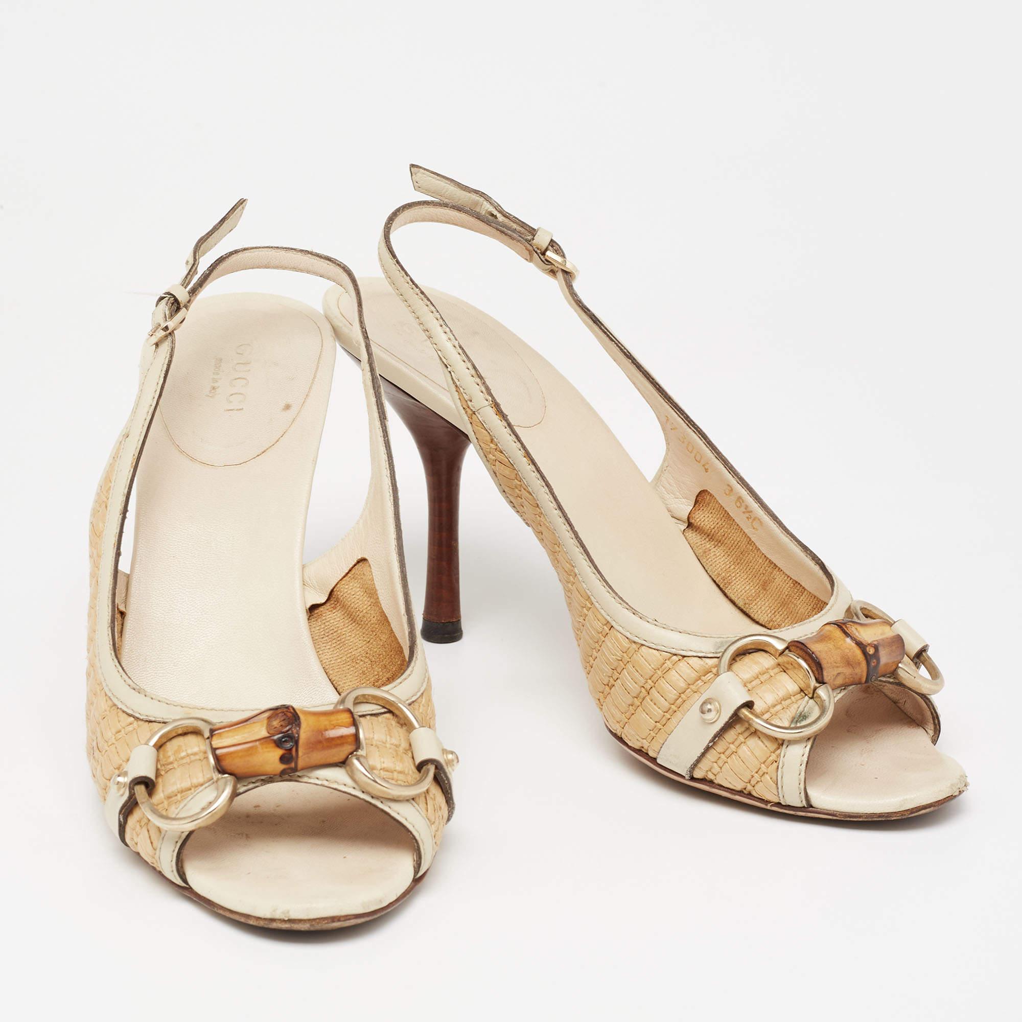 Donna Gucci Sandali Slingback in rafia e pelle Bamboo Grigio/Beige Taglia 36,5