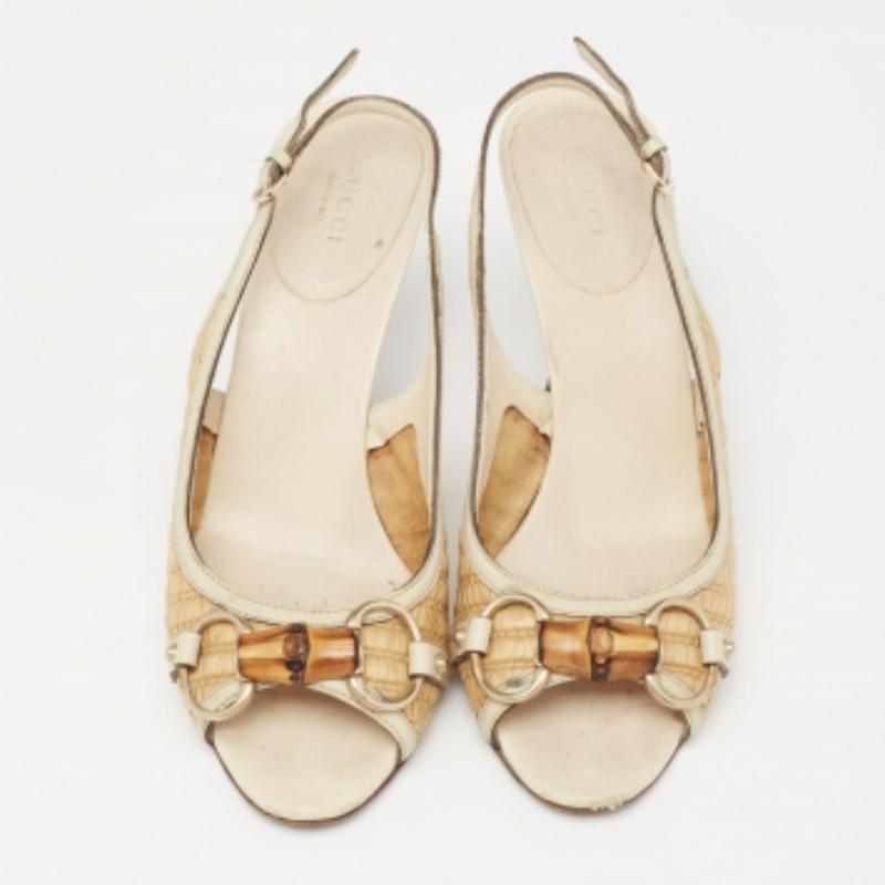 Women's Gucci Grey/Beige Raffia And Leather Bamboo Horsebit Slingback Sandals Size 36.5 For Sale