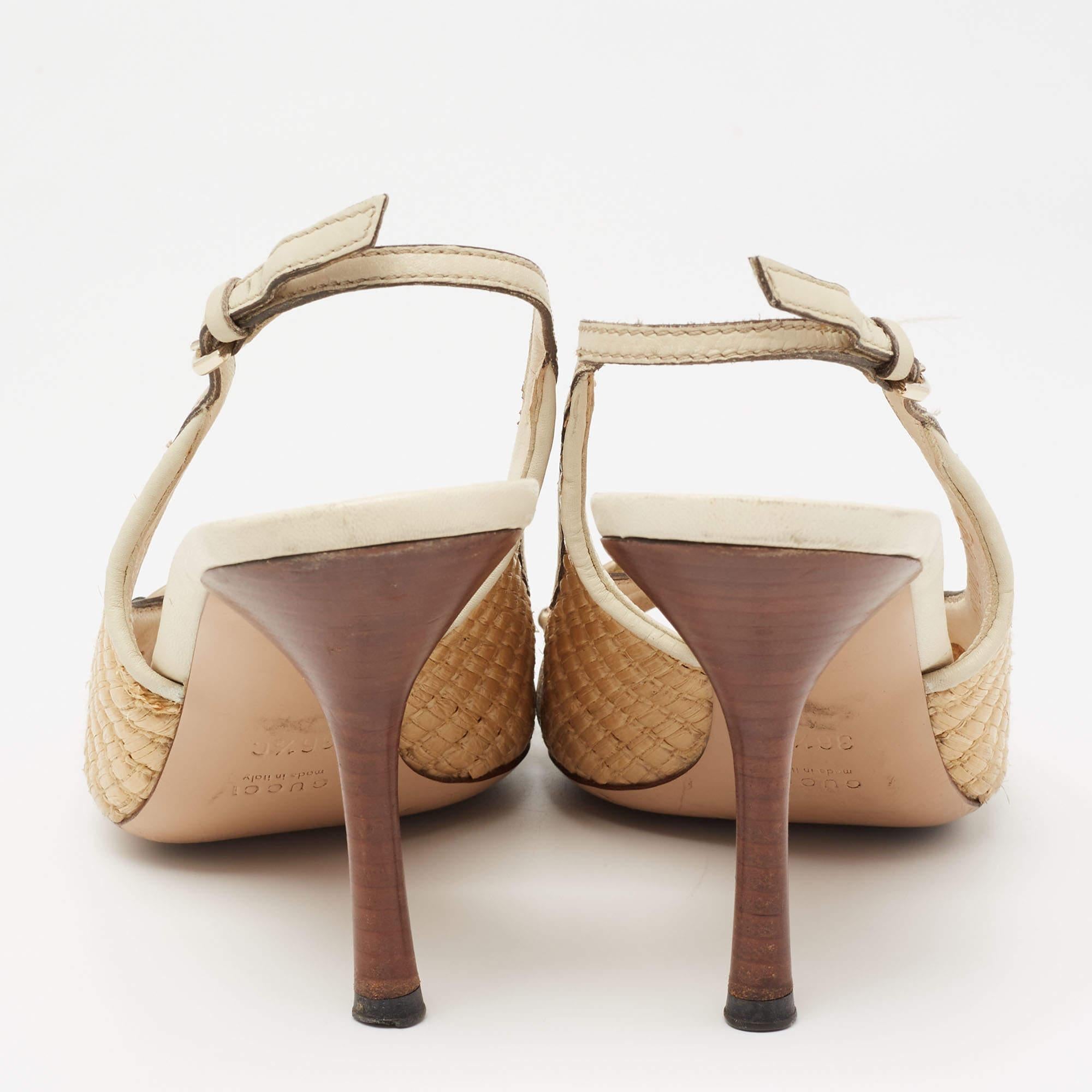 Gucci Sandali Slingback in rafia e pelle Bamboo Grigio/Beige Taglia 36,5 1