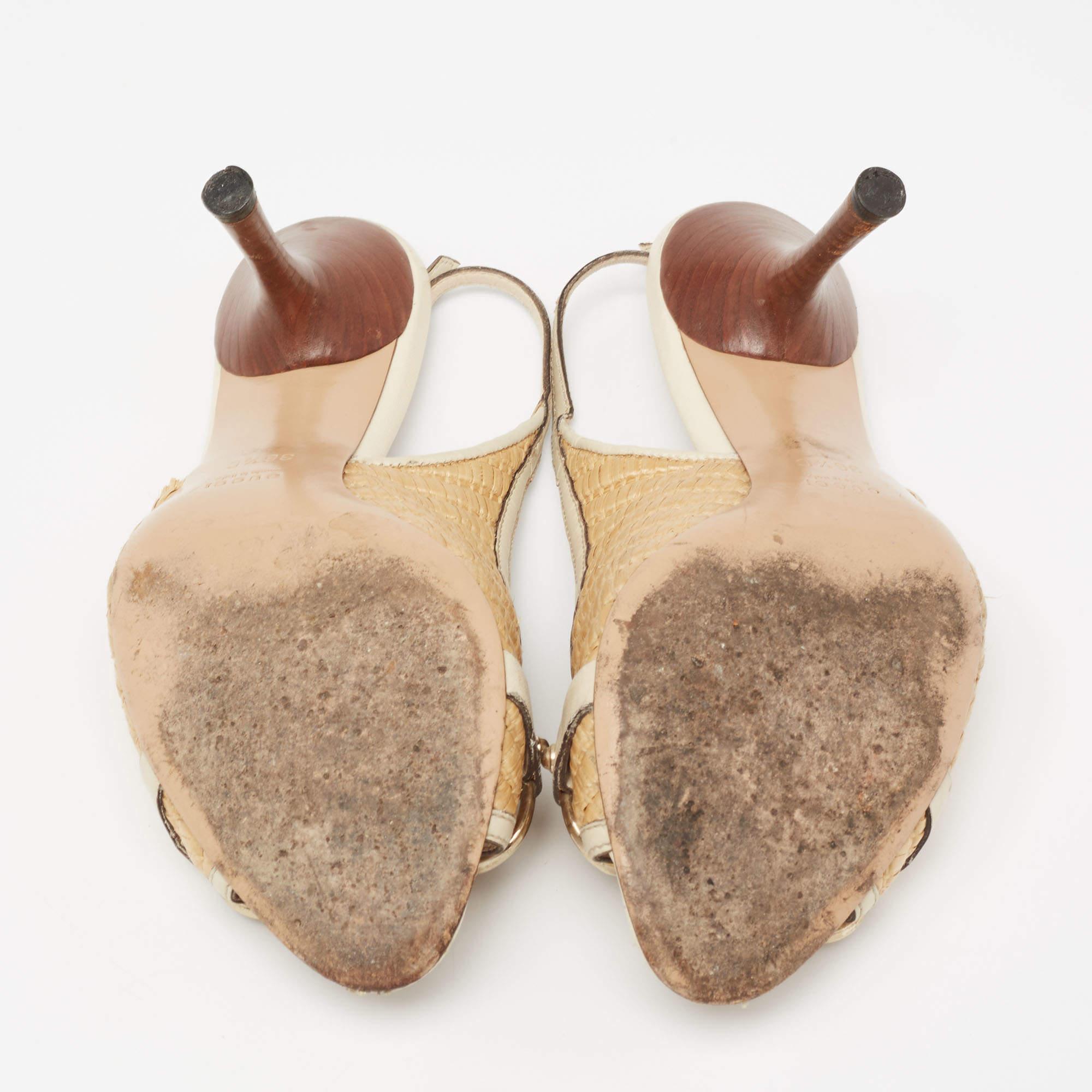 Gucci Sandali Slingback in rafia e pelle Bamboo Grigio/Beige Taglia 36,5 2