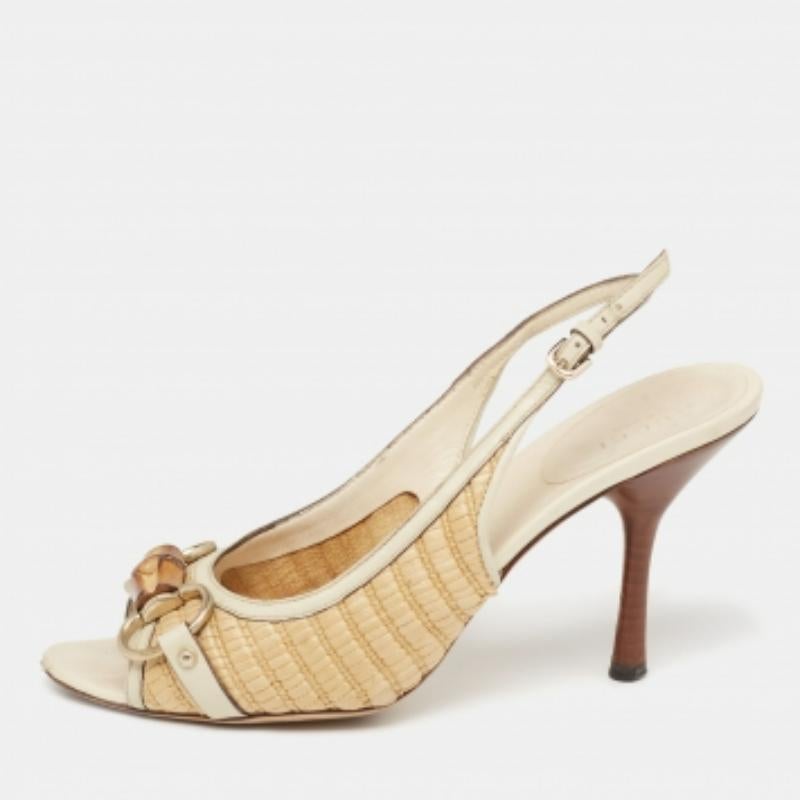 Gucci Grey/Beige Raffia And Leather Bamboo Horsebit Slingback Sandals Size 36.5 For Sale